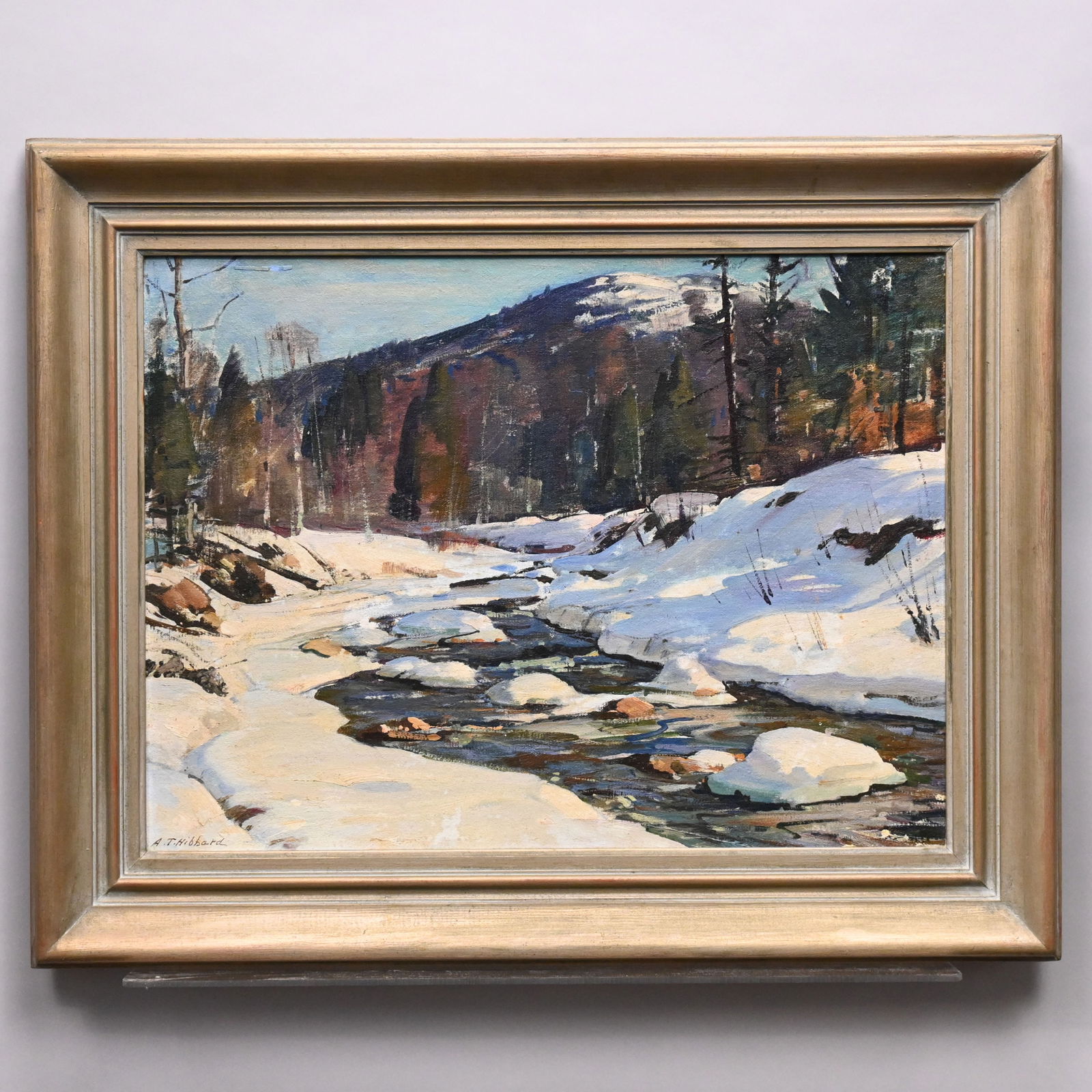 Aldro Thomas Hibbard - "Turkey Mountain Brook": Aldro Thompson Hibbard (American, 1886 - 1972). "Turkey Mountain Brook, Vermont." Oil on board, signed "A.T. Hibbard" lower left, (18 x 24 inches), reverse inscribed "Turkey Mountain Brook/ By A. T.