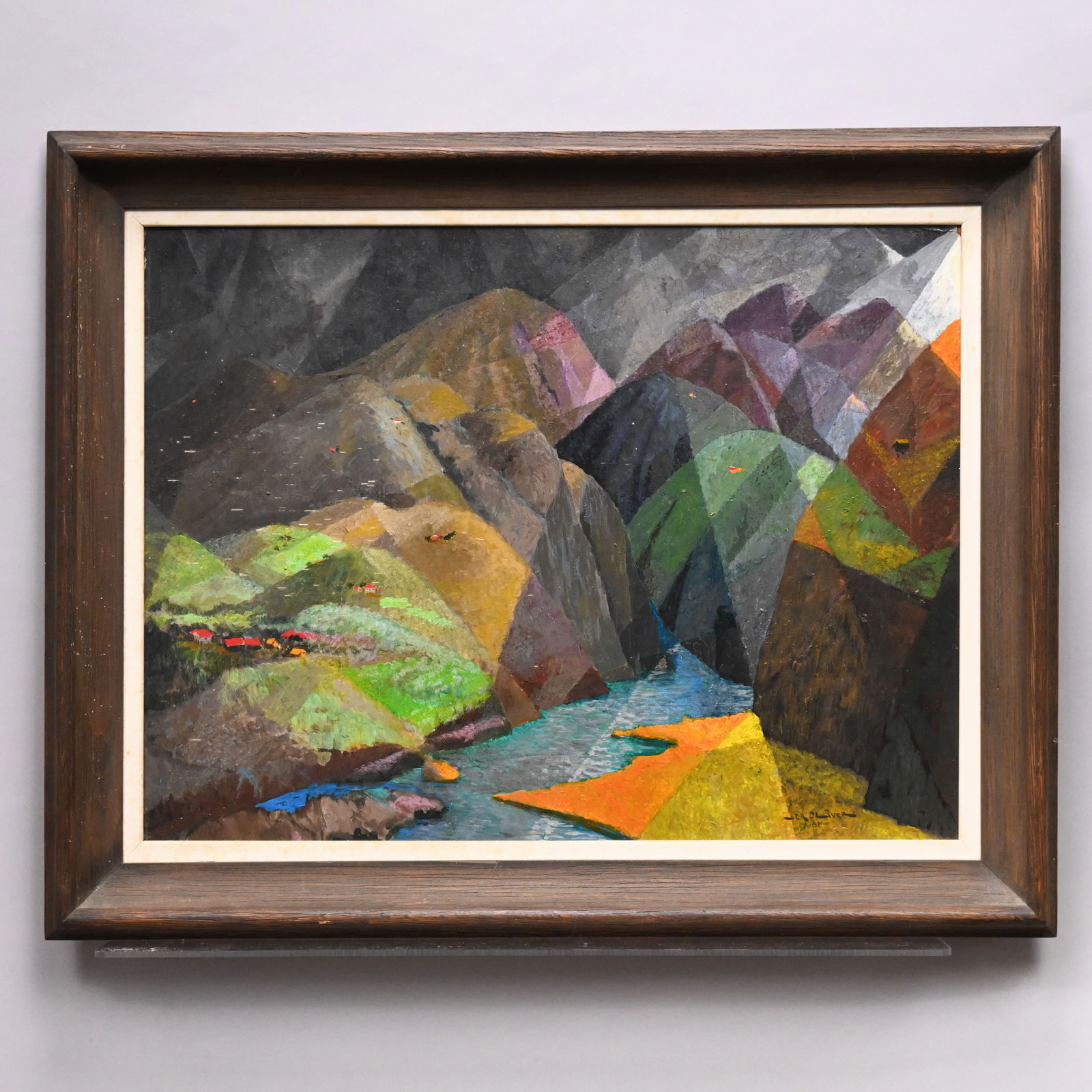 Jose R. Oliver - "Tierra Alta": Jose R. Oliver (Puerto Rican, 1901-1079). "Tierra Alta." Acrylic on Masonite, signed "J. R. Oliver" and dated "'61" lower right, (18 x 24 inches) reverse signed, dated and inscribed "Tierra Alta/ en