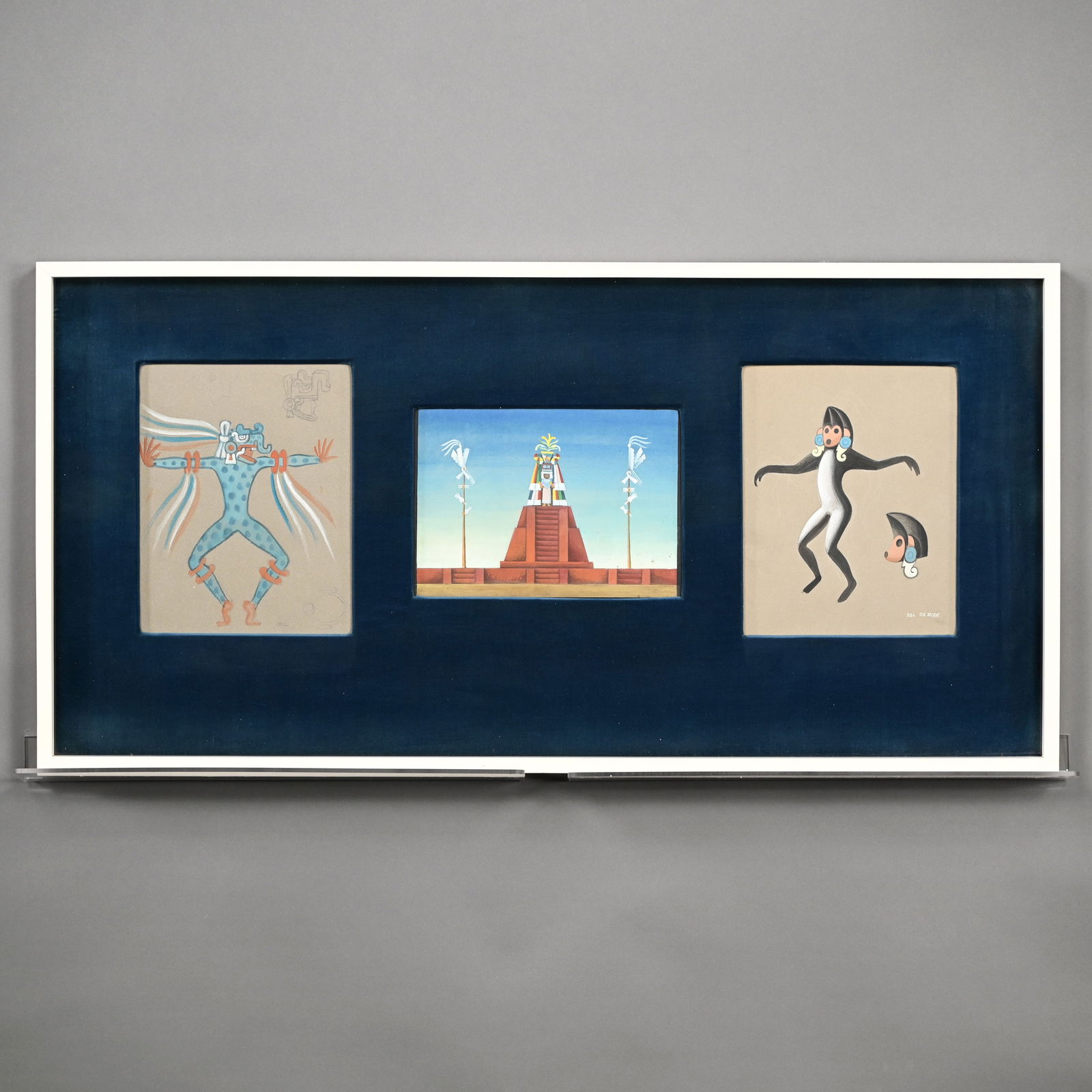 Miguel Covarrubias - Three Studies: Miguel Covarrubias (Mexican, 1904 - 1957). Three Studies of Ceremonial Mexican Figures. Each pencil, watercolor and gouache, (two, 10.5 x 8.25 inches, sight; the third 7.25 x 10.5 inches, sight), two