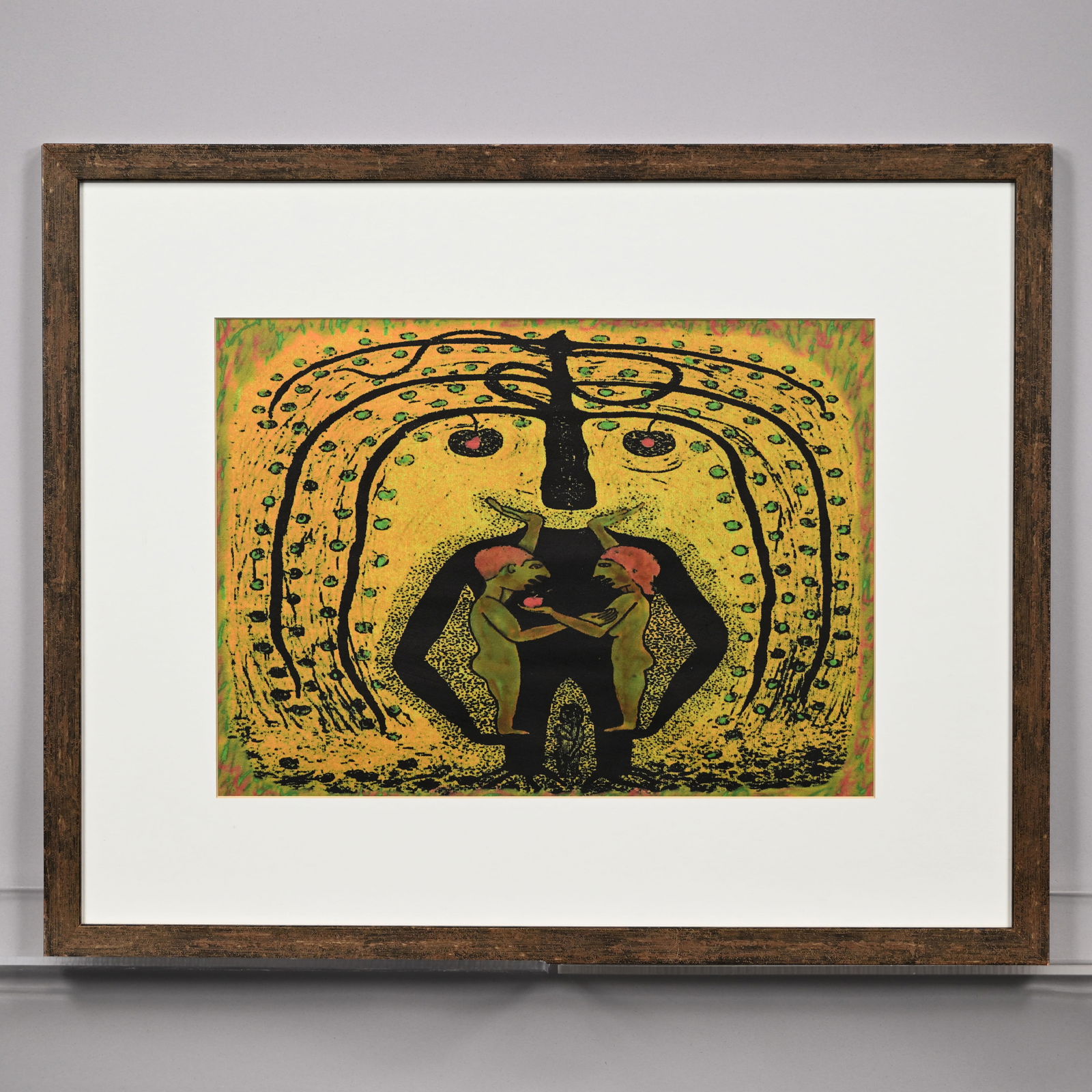 Edwin Scheier - "Adam and Eve": Edwin Scheier - "Adam and Eve." Acrylic on paper, (10.25 x 13.875 inches, sight), apparently unsigned.Frame: H: 17.375 in., W: 21.25 in., D: 0.375 in.Provenance: The Collection of Frederick and