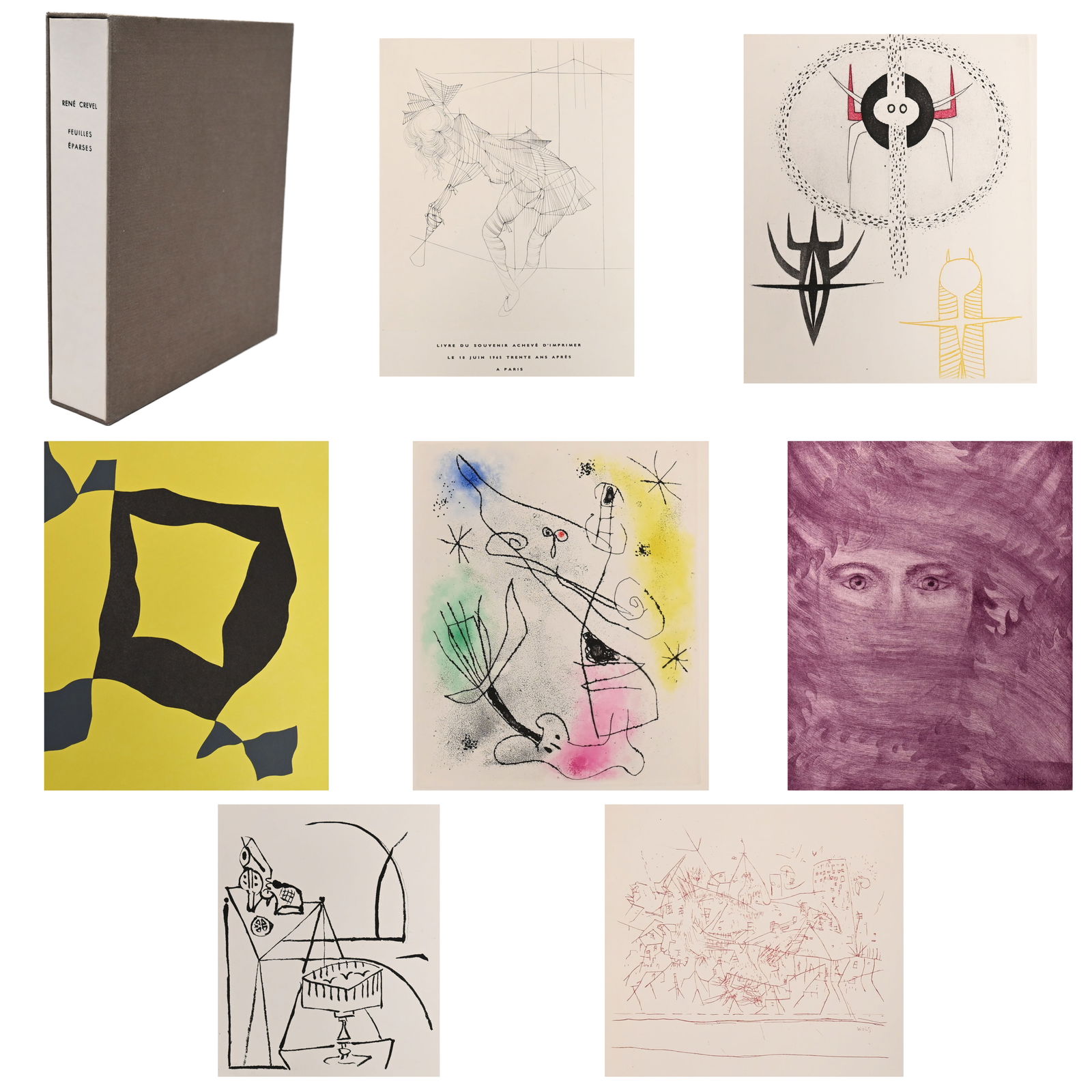 Rene Crevel, Feuilles Eparses, Miro, Ernst, Arp...: Rene Crevel, Feuilles Eparses, Miro, Ernst, Arp, Giacometti, etc.," 1965. Comprising etchings by Jean Arp, Hans Bellmer, Camille Bryen, Oscar Dominguez, Max Ernst, Alberto Giacometti, S.W. Hayter,