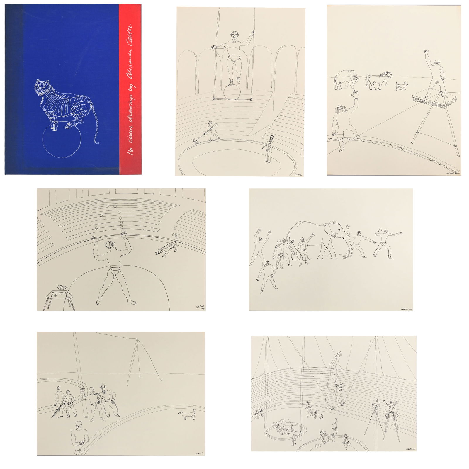 Alexander Calder - Portfolio, 16 Circus Drawings: Alexander Calder (American 1898-1976). The Complete Set of Sixteen Circus Drawings with Text Pages by Cleve Gray and Joan Miro, 1964.16 offset lithographs, each print signed and dated in the plate.