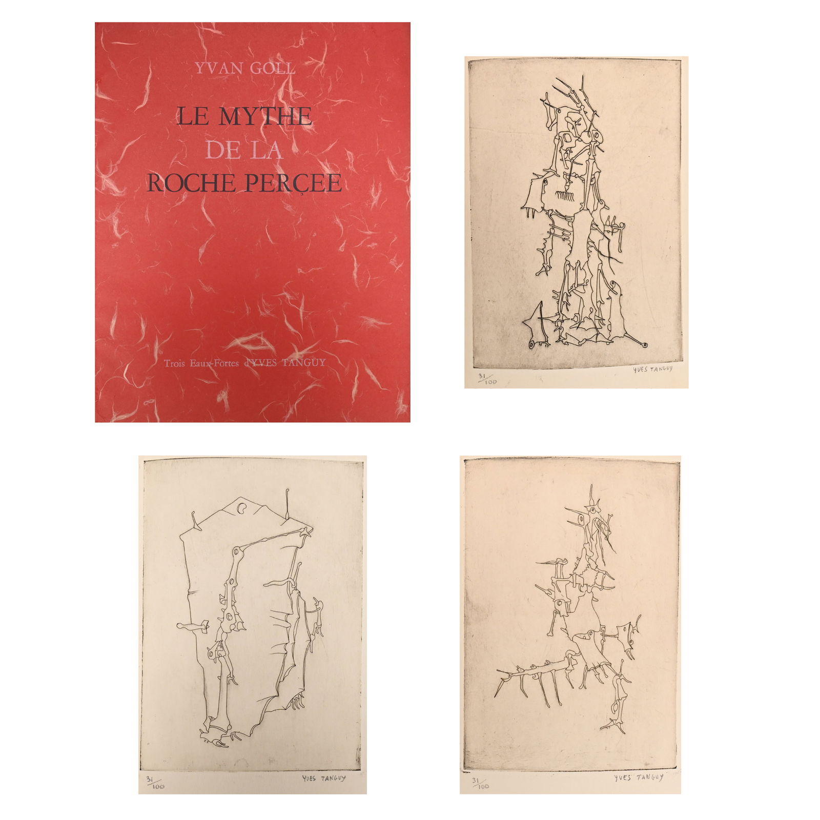 Yves Tanguy-Yuan Goll, Le Mythe de la Roche Percee: Yves Tanguy (French 1900-1955) and Yuan Goll (French 1891-1950). "Le Mythe de la Roche Percee: Poeme." With three numbered etchings signed in pencil by Yves Tanguy, number 31 from an edition of 100.