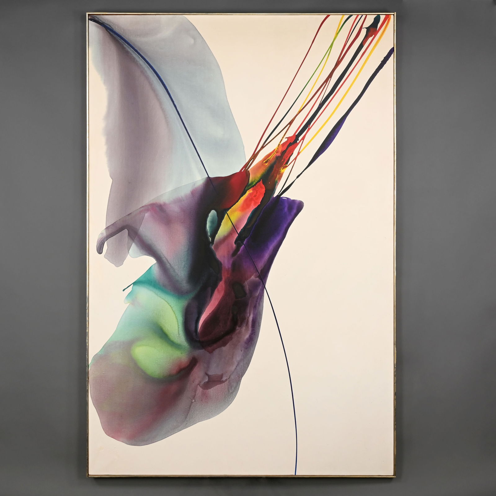 Paul Jenkins - "Phenomena Tai-Chi": Paul Jenkins (American, 1923 - 2012). "Phenomena Tai-Chi." Acrylic on canvas, signed "Paul Jenkins" in relief lower left, (76.5 x 51 inches), reversed signed, inscribed with title and dated 1968-69 on