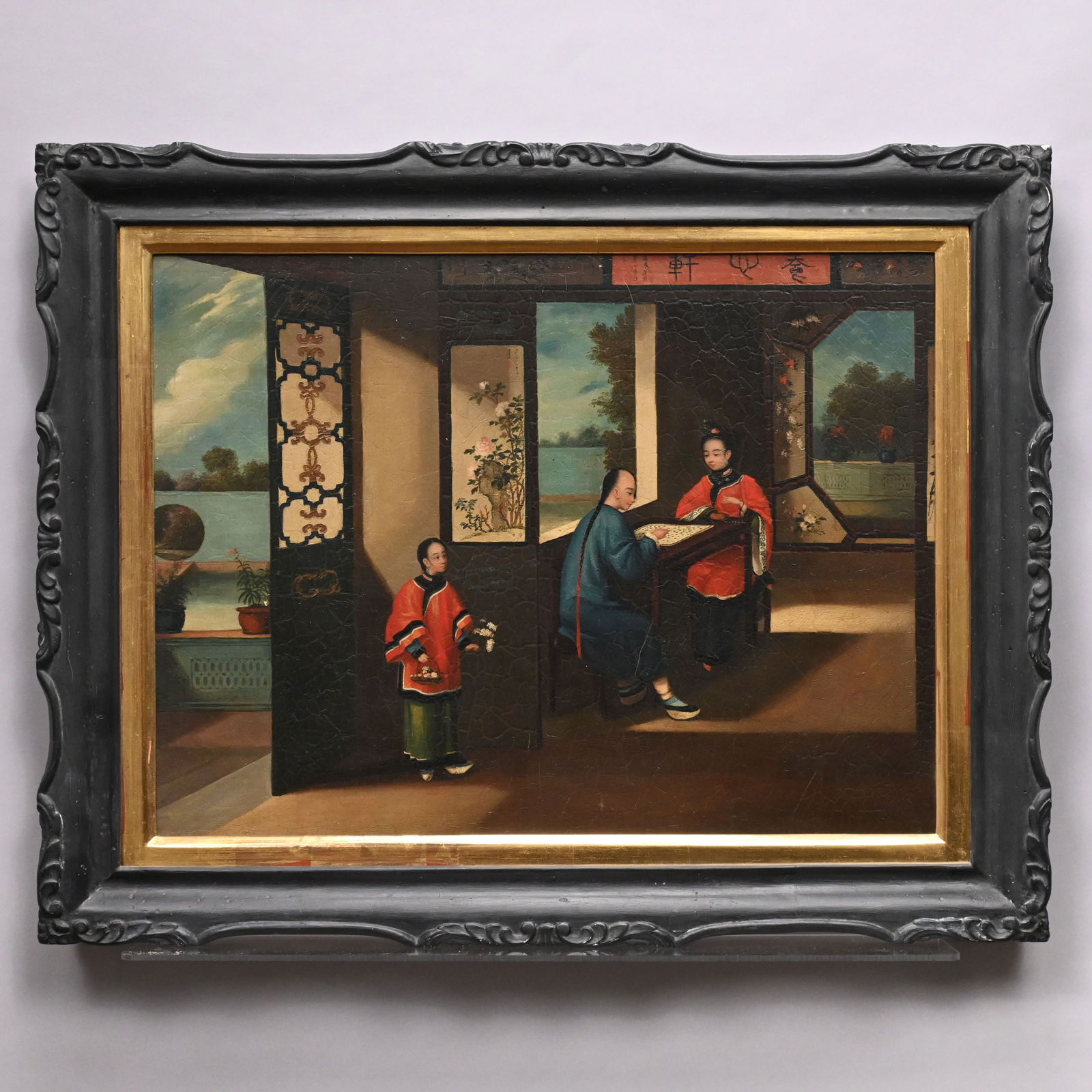 China Trade Painting Depicting Three Figures: China Trade Painting of an Interior Depicting Three Figures, Two Playing a Board Game. Oil on canvas, (18 x 23.5 inches)Frame: H: 23.25 in., W: 29.5 in.