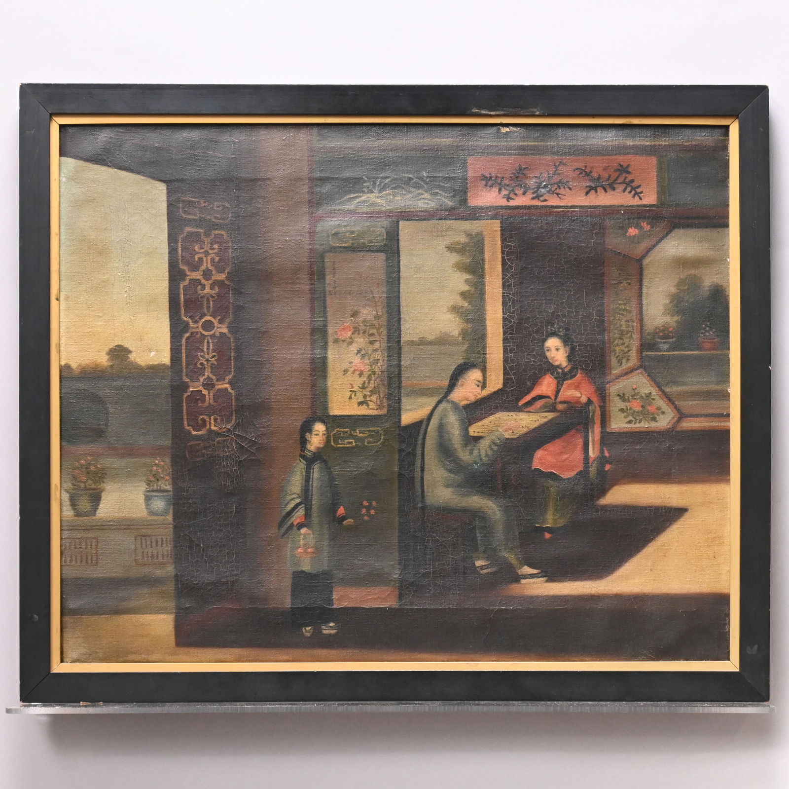 China Trade Painting of Three Figures: China Trade Painting of Three Figures in an Interior, Two Playing a Board Game. Oil on canvas, (17.5 x 21.75 inches).Frame: H: 20 in., W: 24 in.
