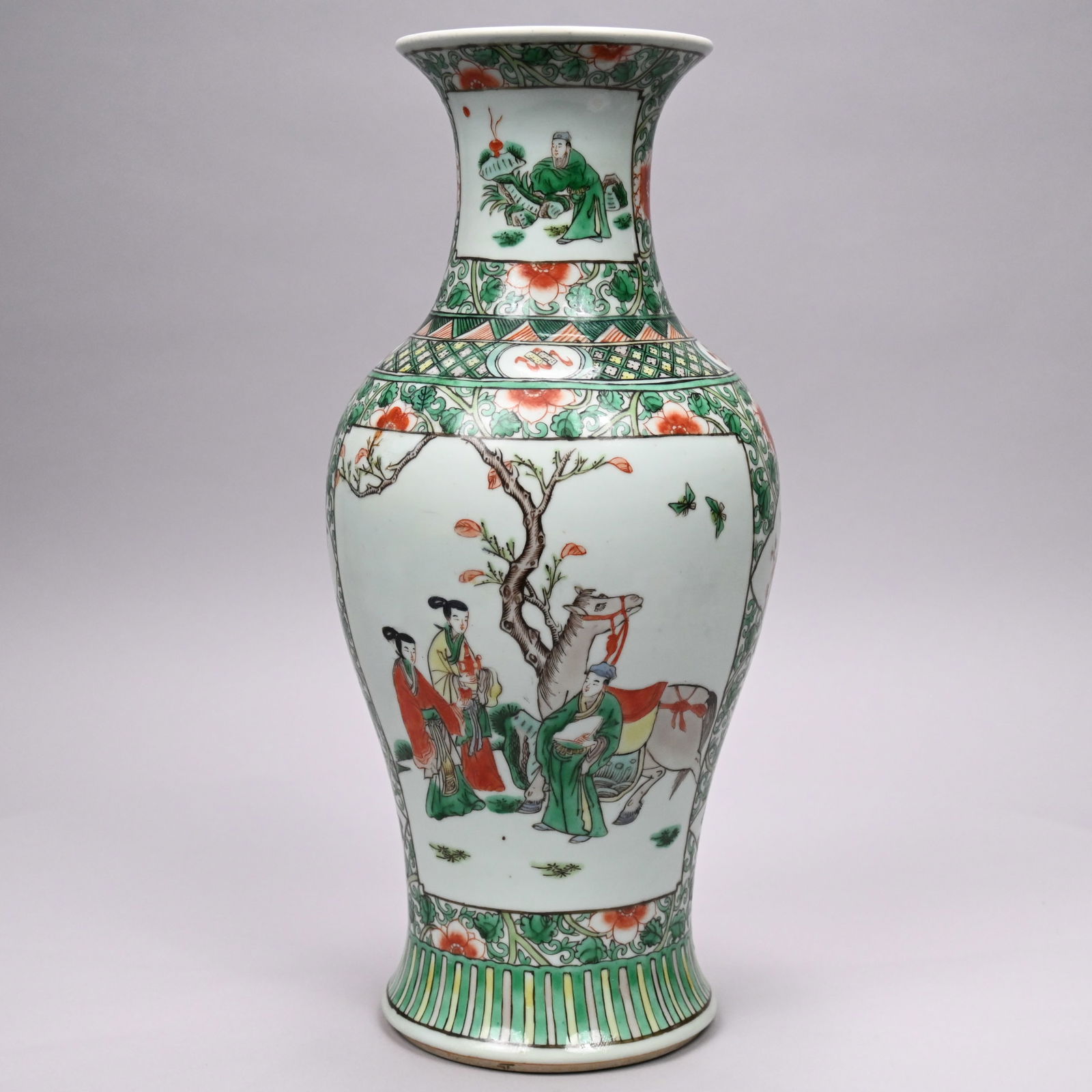 Chinese Export Porcelain Famille Verte Vase: Chinese Export Porcelain Famille Verte Baluster Vase, Late 19th Century. Painted on one side with an unusual scene depicting two men on the ground, one pointing to a man with one foot over the edge