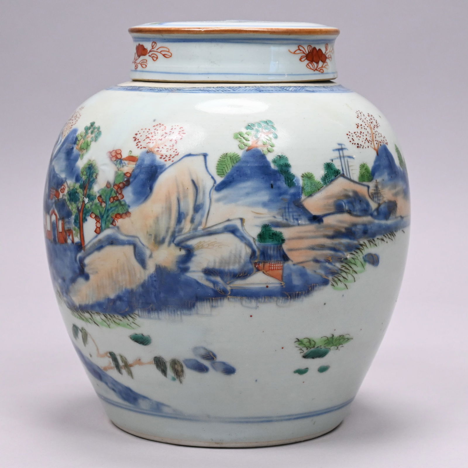 Chinese Export Porcelain Doucai Jar and Cover: Chinese Export Porcelain Doucai Jar and Cover, 19th Century. Of ovoid form with flat cover, each painted with a landscape scene depicting buildings situated amongst rocky crags, trees and distant