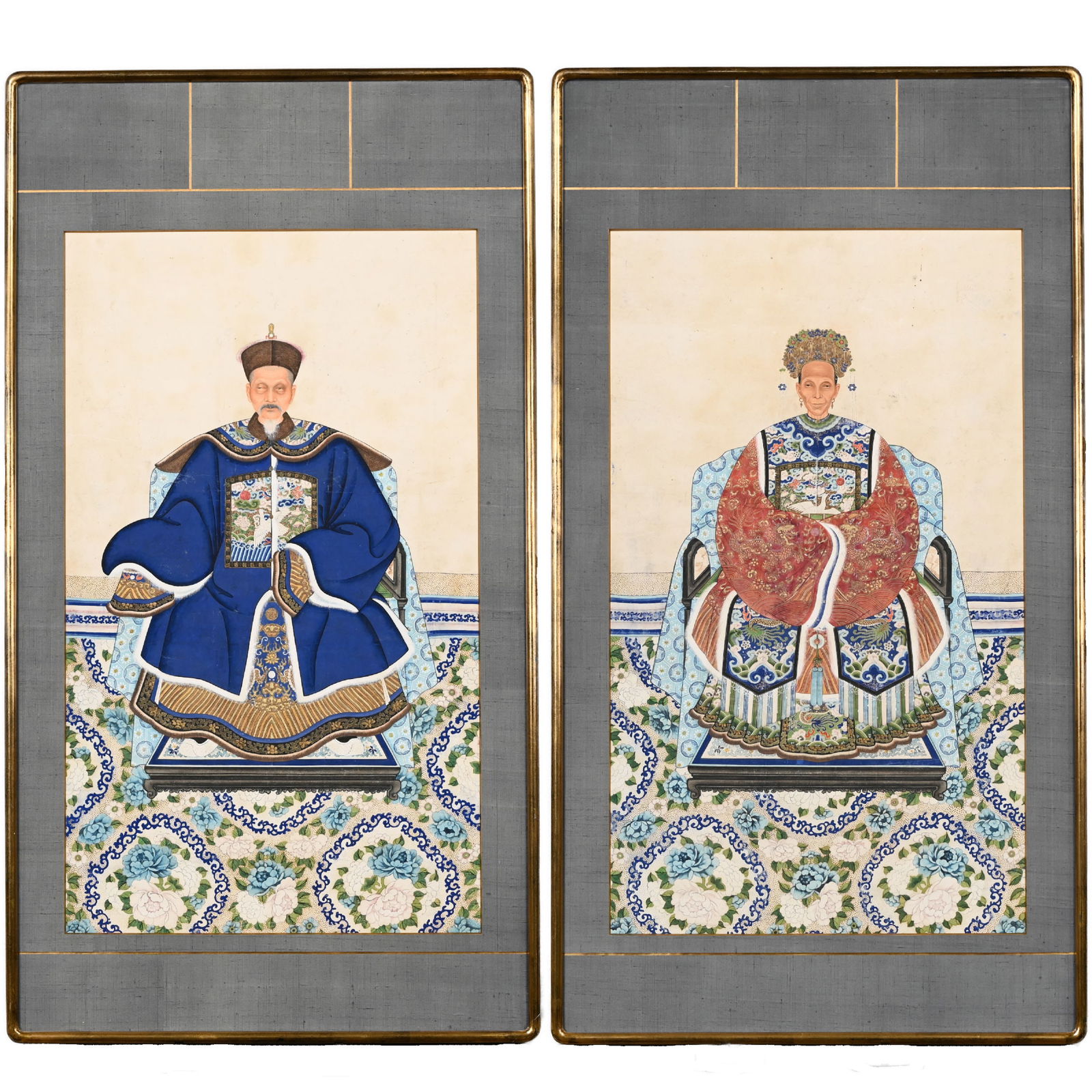 Pair of Large Chinese Ancestor Portraits: Pair of Large Chinese Ancestor Portraits. Each watercolor on paper, (41.75 x 24.5 inches, sight).Frame(s): H: 58 in., W: 31.5 in., D: 1.75 in.Provenance: Property from a North Shore, Massachusetts