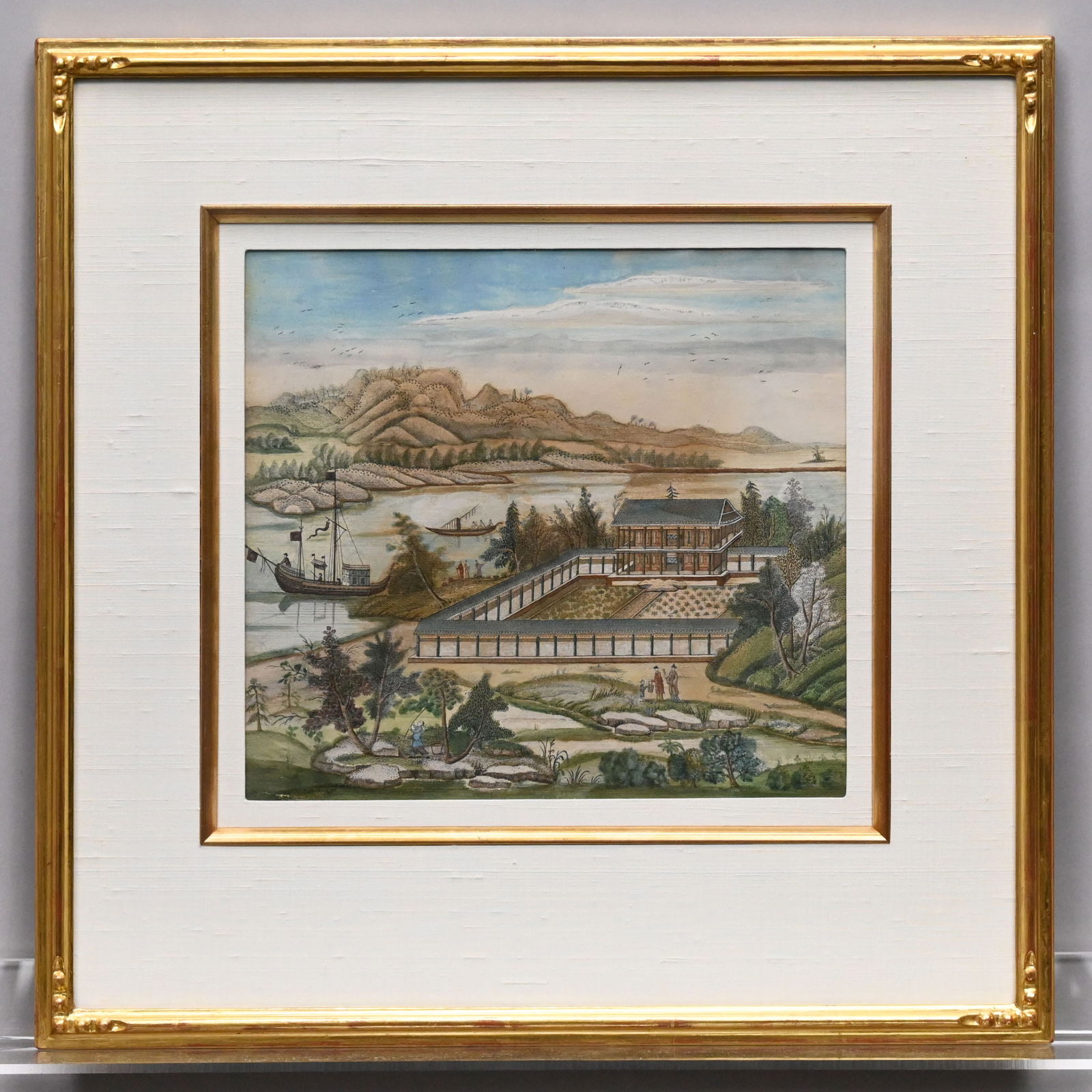 Chinese Landscape - Estate House and Garden Shore: Chinese Landscape of an Estate House and Garden on a Shore. Watercolor on paper, (10.25 x 11 inches, sight).Frame: H: 18.75 in., W: 22.75 in., D: 1 in.Provenance: Property from a North Shore,