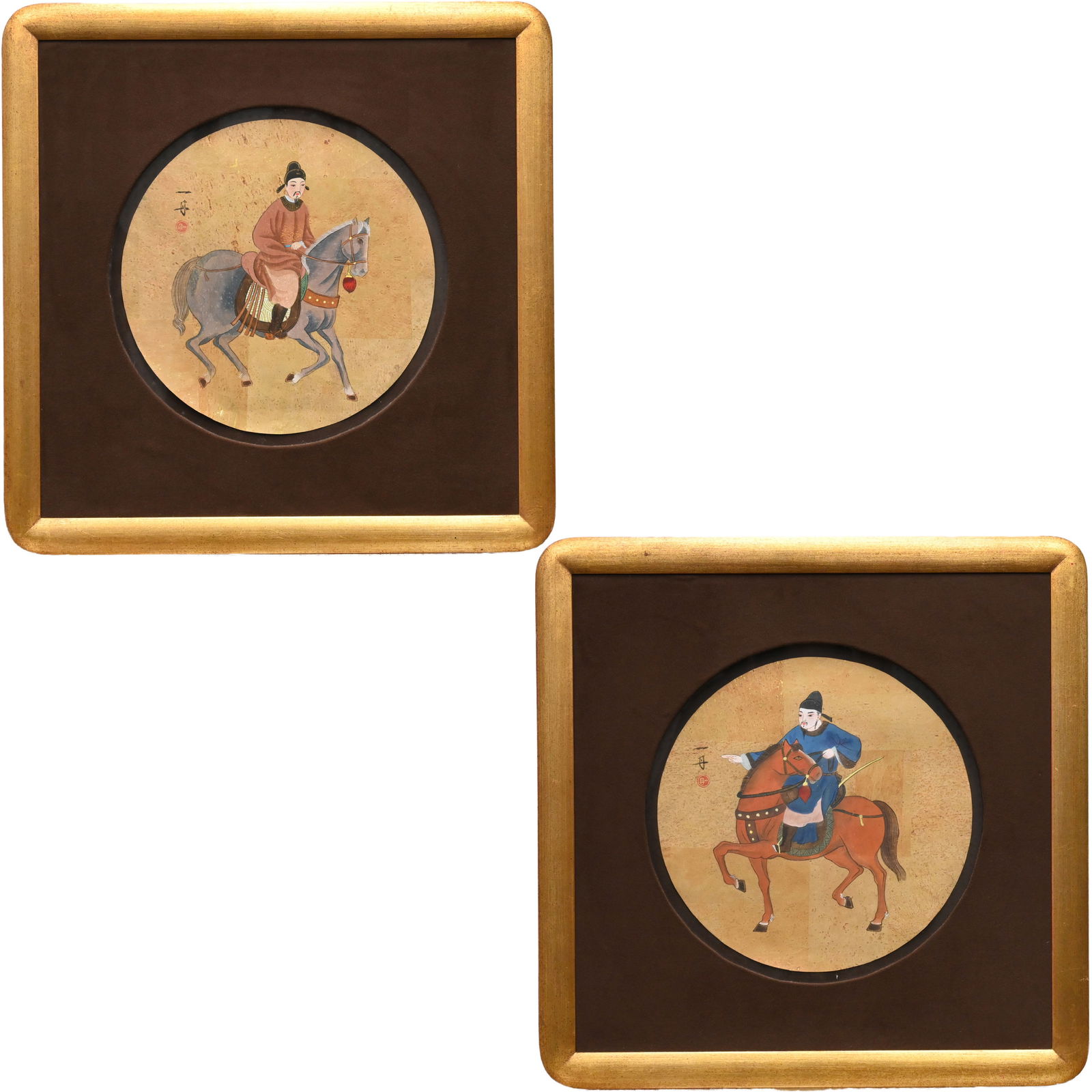 Pair of Chinese Circular Watercolors of Horsemen: Pair of Chinese Circular Watercolors of Horsemen, Circa 1930. Each watercolor, ink and gilt on paper, signed with characters and red seal upper center left, (12.75 inches, diameter).Frame: H: 22.5