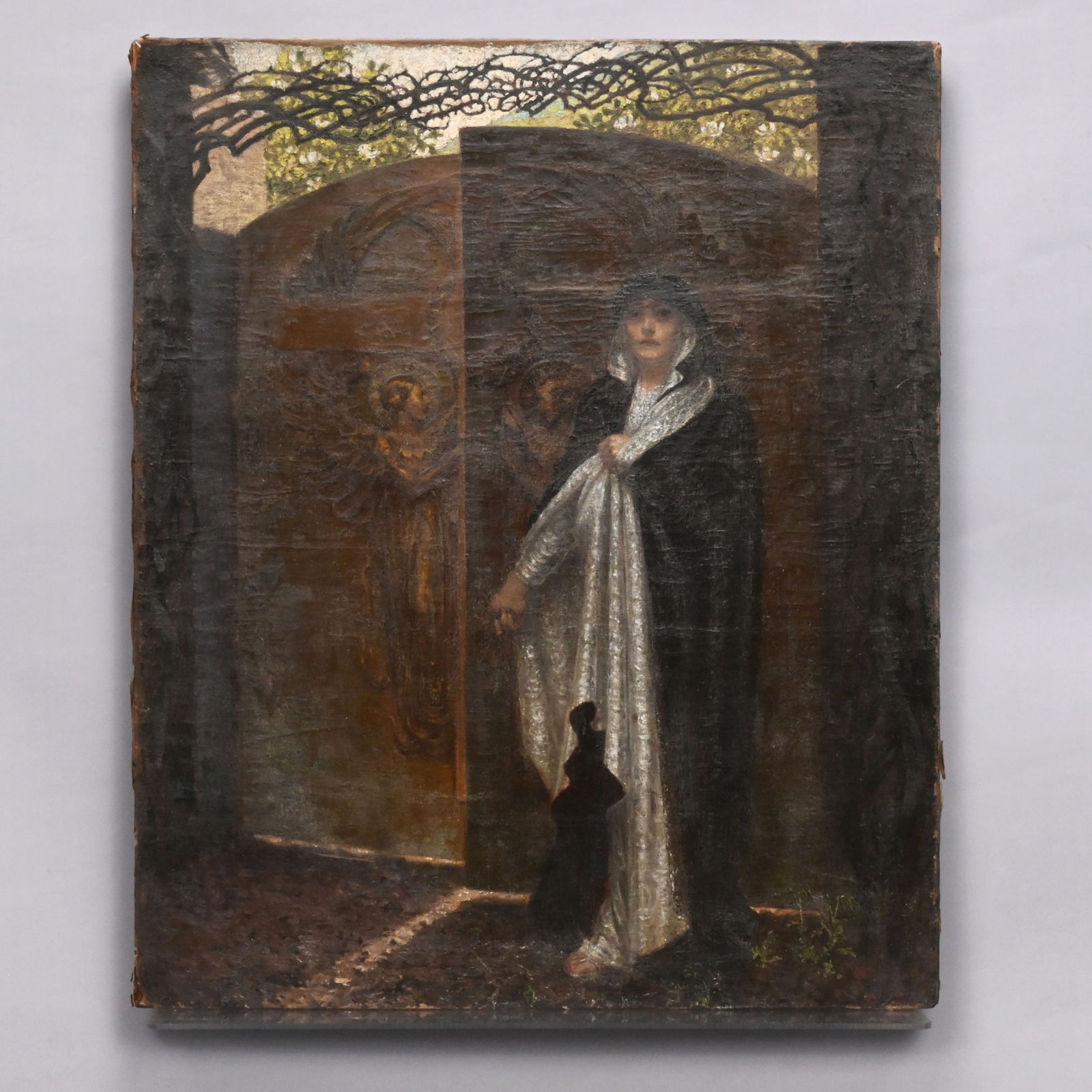 Pre-Raphaelite School - Opening the Gate: Pre-Raphaelite School (British or American), Opening the Gate, 1901. Oil on canvas, indistinctly signed with date "1901" lower left corner and over the edge.H: 30.25 in., W: 25.25 in., D: 0.75 in.