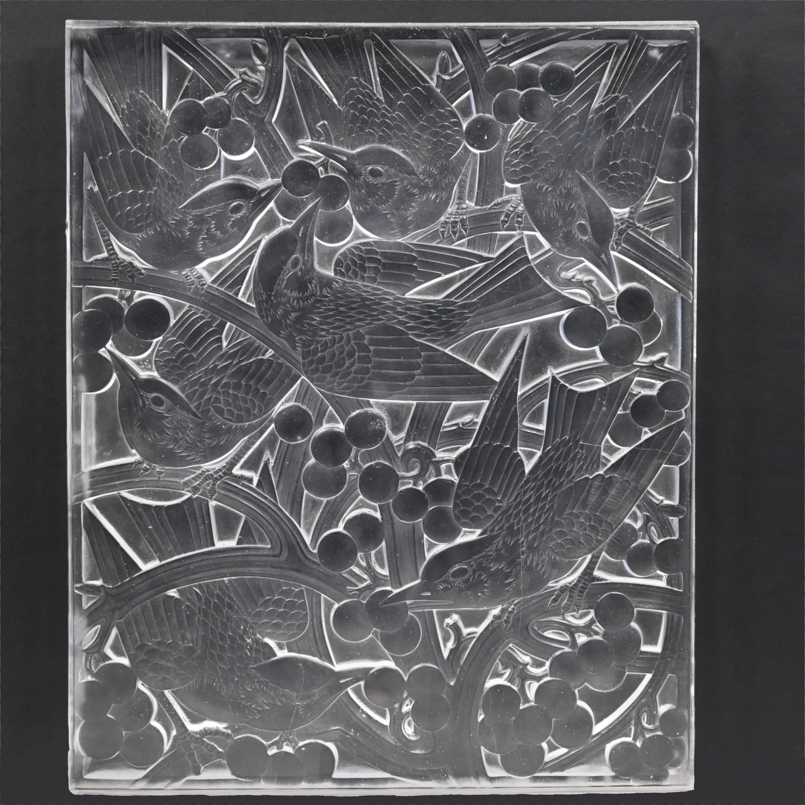 "Merles et Raisins" Rare Glass Panel, Rene Lalique: Rene Lalique (French, 1860-1945). Rare Molded Frosted Colorless Glass Panel-38 "Merles et Raisins," 1C. The model introduced in 1928 and exclusively designed for the Cote D'Azur Pullman Express. The