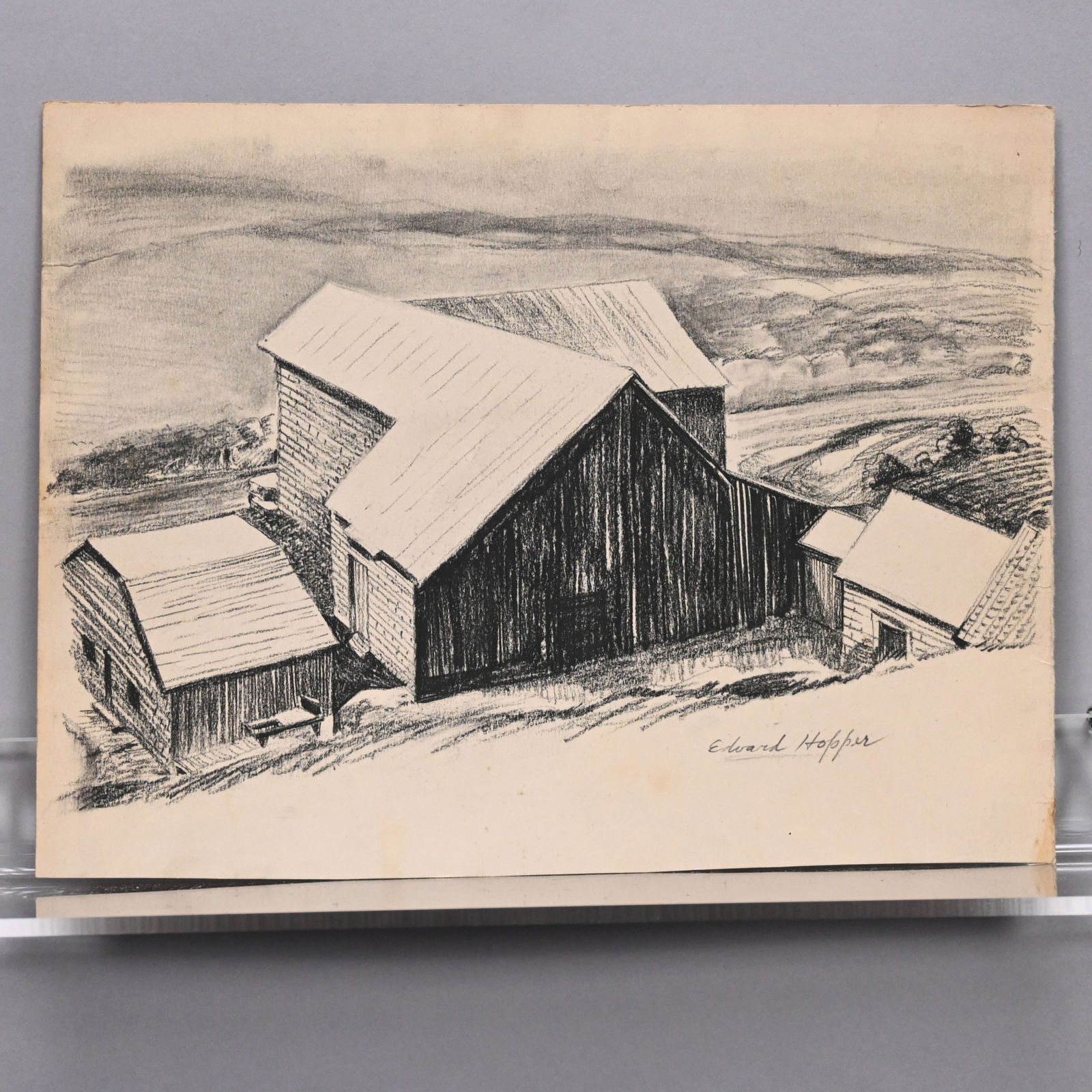 Edward Hopper - Cobb's Barns, South Truro: Edward Hopper (American, 1882-1967). Cobb's Barns, South Truro, 1930-1933. Pencil and charcoal on beige paper, signed "Edward Hopper" in pencil lower right, with sketches of the interior of a