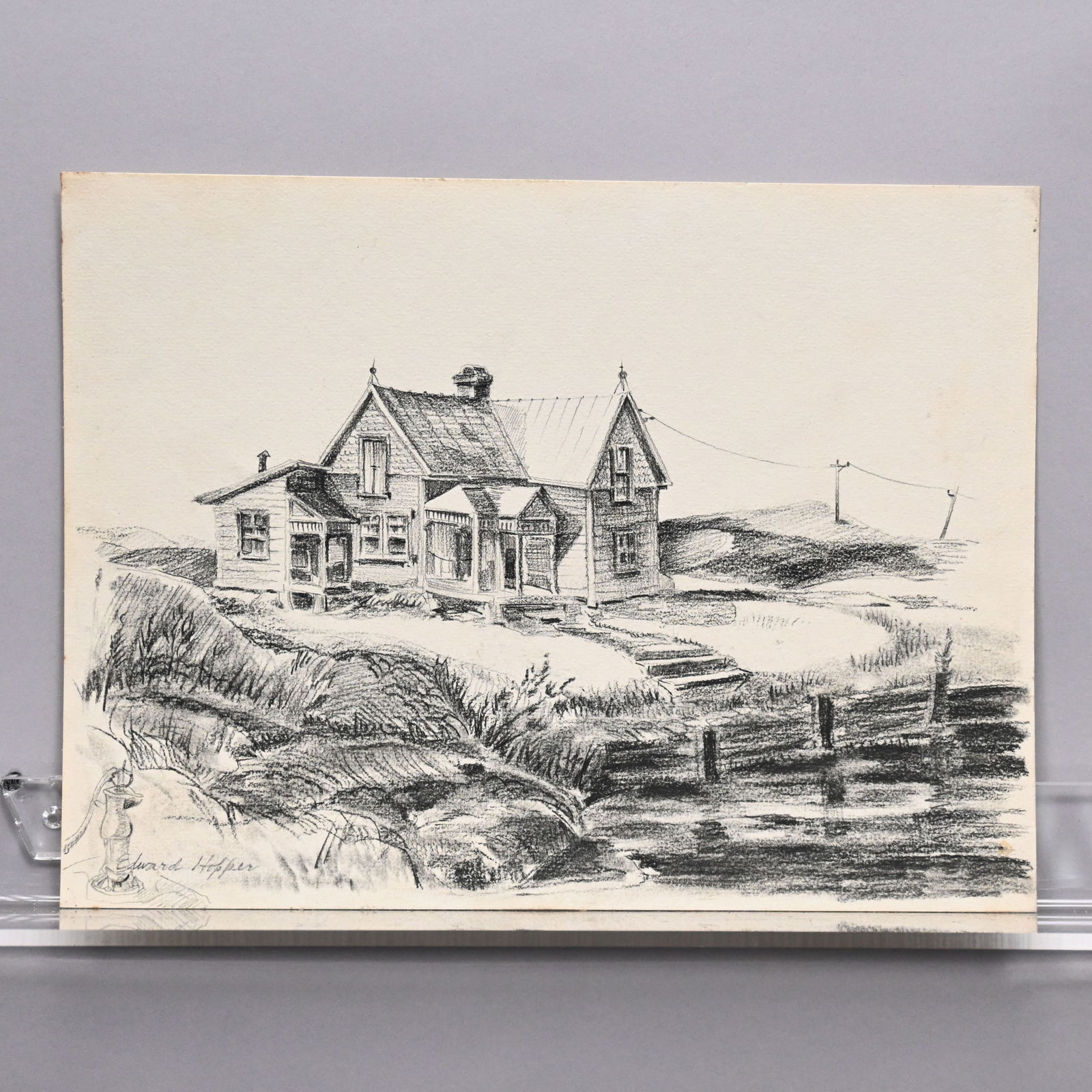 Edward Hopper-Victorian Shingled House on an Inlet: Edward Hopper (American, 1882-1967). Victorian Shingled House on an Inlet. Pencil and charcoal on beige paper, signed "Edward Hopper" in pencil lower left; unframed.9 in. x 12 in.Patrick Roberts