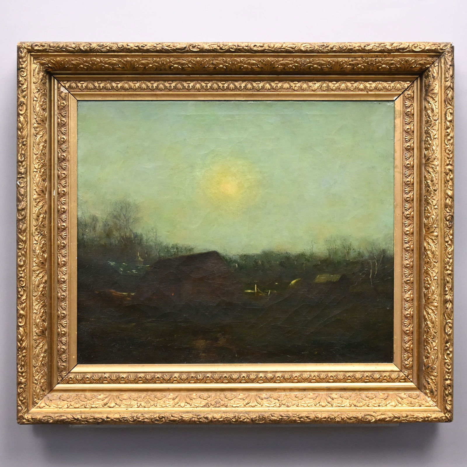 Attrib George Inness - Farm Buildings at Twilight: Attributed to George Inness (American, 1825 - 1894). Farm Buildings at Twilight. Oil on canvas, (20 x 24 inches, signed indistinctly lower left, reverse inscribed on the stretcher edge of canvas "G.