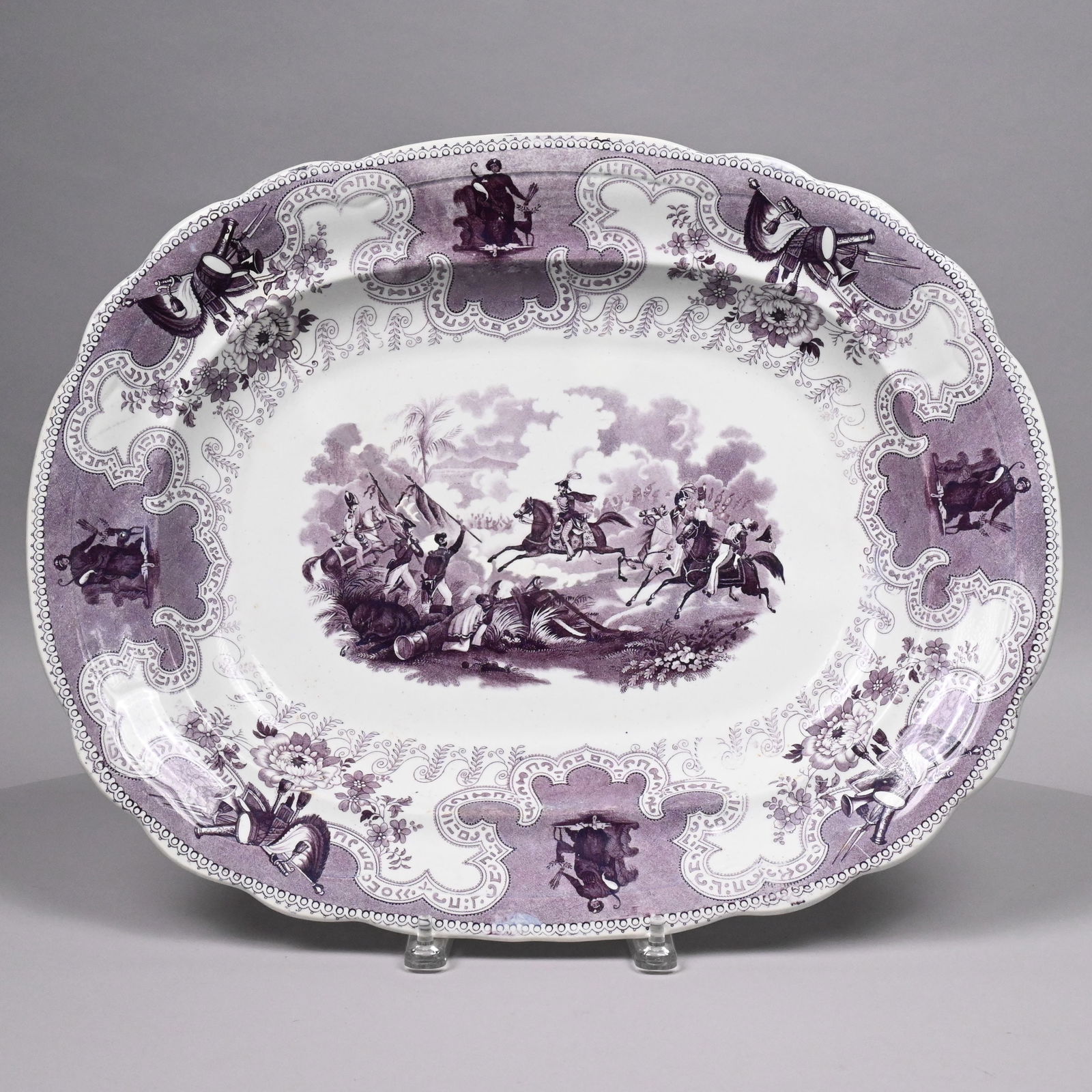 'Texian Campaigne Series,Battle of Resaca' Platter: 'Texian Campaigne Series: Battle of Resaca de la Palma' Staffordshire Mulberry Transfer-Printed Platter, James Beech, 1834-1844. Printed with series title and initials "JB" in underglaze-mulberry.H: