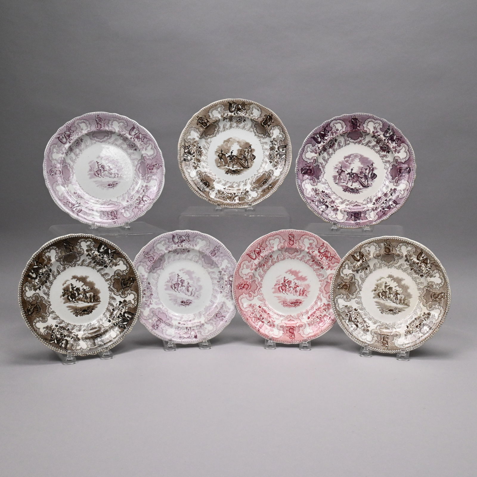 'Texian Campaigne' Series, Seven Plates: 'Texian Campaigne' Series, Seven Staffordshire Transfer-Printed Plates, James Beech, 1834-1844. Comprising two 7.5-inch 'General on Rearing Horse' plates in brown, one in rose, and two in light