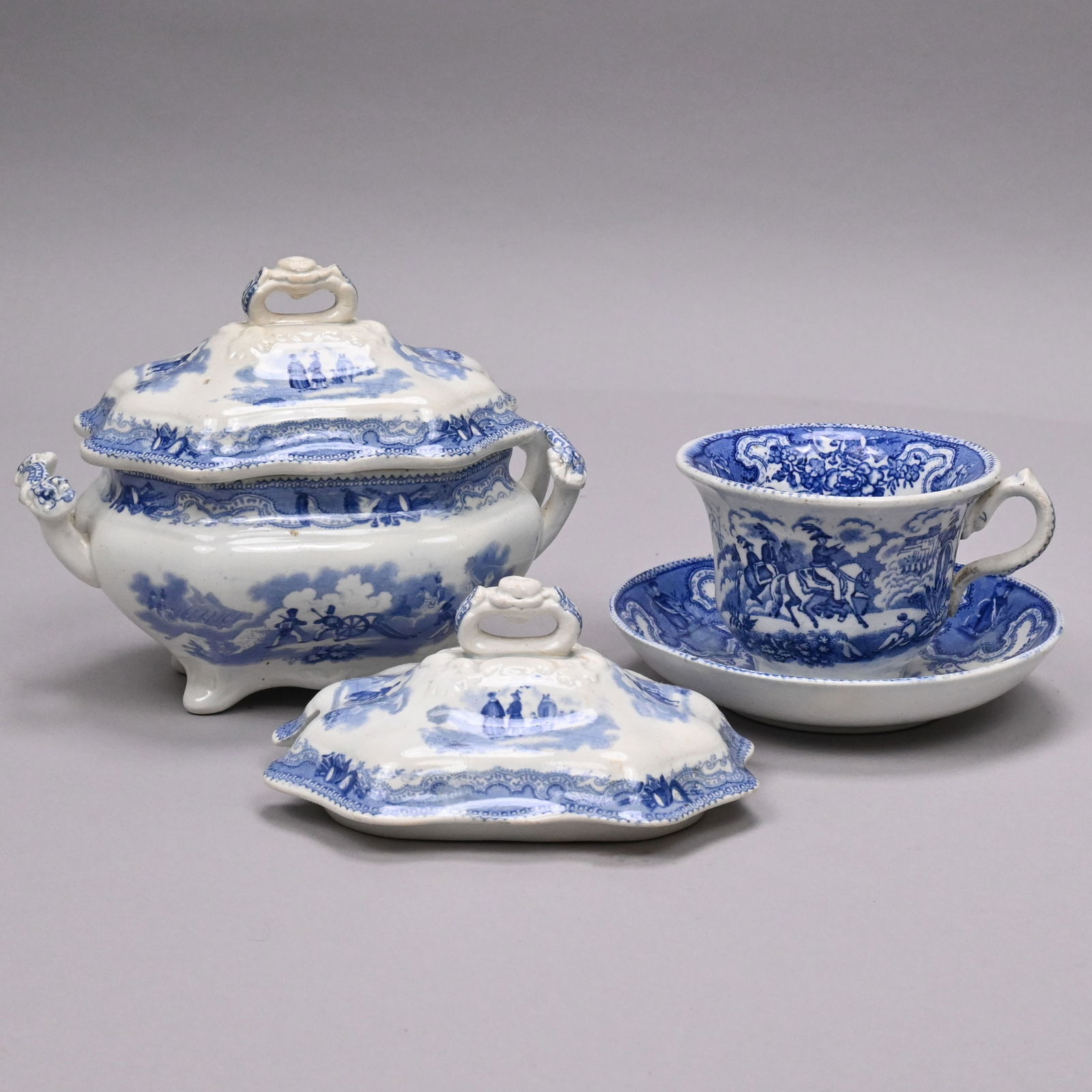 'Texian Campaigne' Series, Four Serving Pieces: 'Texian Campaigne' Series, Four Staffordshire Blue Transfer-Printed Serving Pieces, James Beech, 1834-1844 and Anthony Shaw, 1853 and Later. Comprising a James Beech 7-inch 'Battle of Buena Vista'