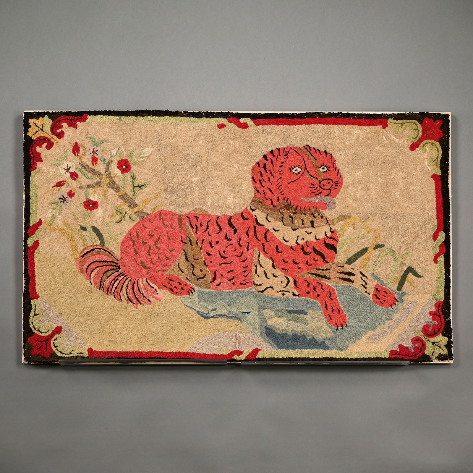 Folk Art Hooked Rug, a Retriever in a Landscape: American Hooked Rug Depicting a Labrador Retriever in a Landscape, After a Stencil Pattern by Edward Sands Frost, Biddeford, Maine. Worked in white, black and shades of red, green, blue, salmon and