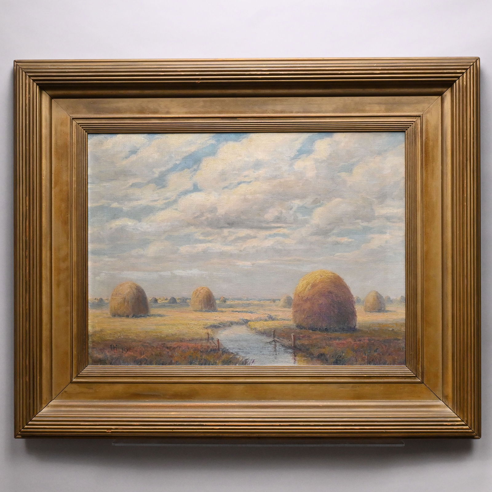 John Calvin Stevens - "Windy Day on the Marsh": John Calvin Stevens (American, 1855 - 1940). "Windy Day on the Marsh". Oil on canvas, initialed and dated "FH 10," lower left, (20 x 27 inches), the verso inscribed, signed and dated in pencil "Windy