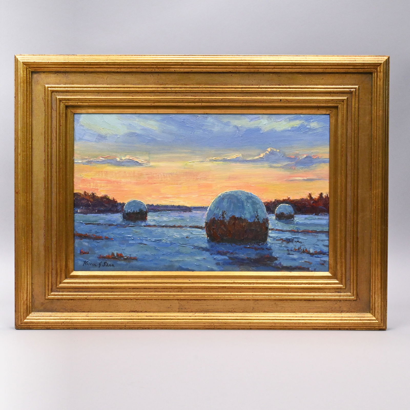 Kevin J. Shea - "Winter Twilight on the Marsh": Kevin J. Shea (American, Contemporary). "Winter Twilight on the Marsh." Acrylic on board, signed "Kevin J. Shea" lower left, (10 x 16 inches), reverse titled, inscribed and signed. Frame: H: 16.75