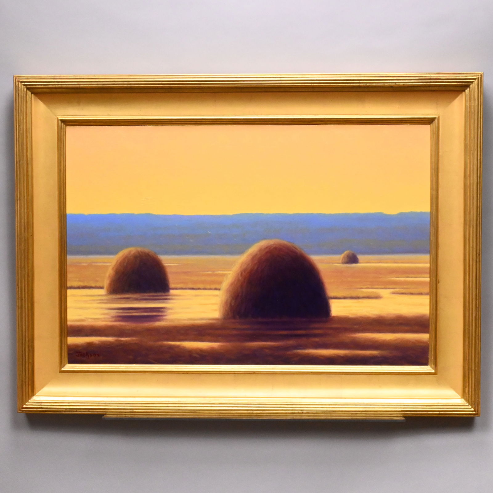 Robert Scott Jackson - Haystacks at High Tide: Robert Scott Jackson (American, b. 1946). Haystacks at High Tide. Oil on board, signed "Jackson" lower left, (20 x 30 inches).Frame: H: 27.25 in., W: 37.5 in., D: 2 in.
