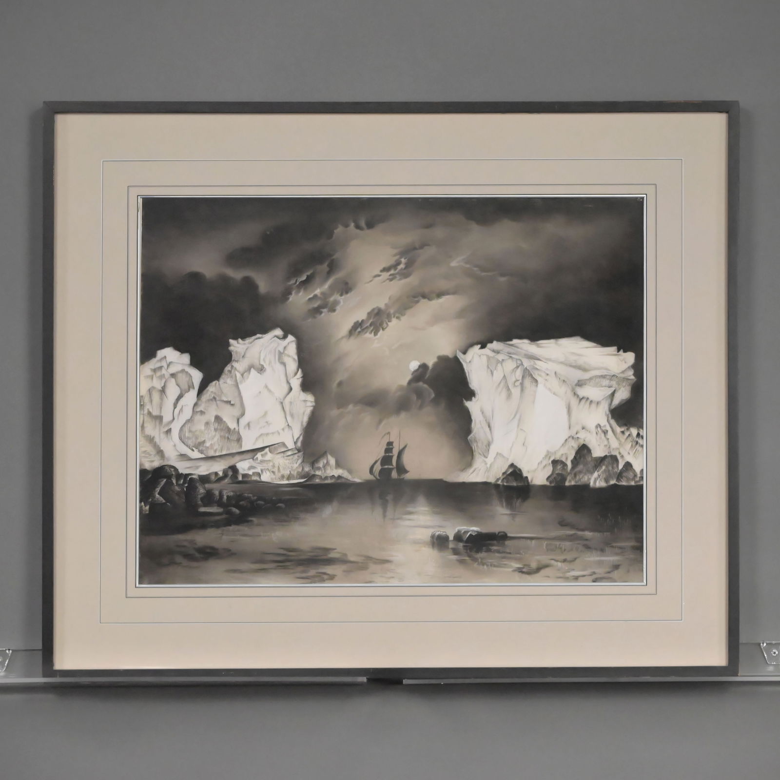 Adaline French - Ship Sailing Amid Icebergs: Adaline French (American, Act. Mid-19th Century). Arctic Moonlight Scene of a Ship Sailing Amid Icebergs. Charcoal on sandpaper, (18 x 23 inches), initialed "A" lower right.Frame: H: 26.5 in., W:
