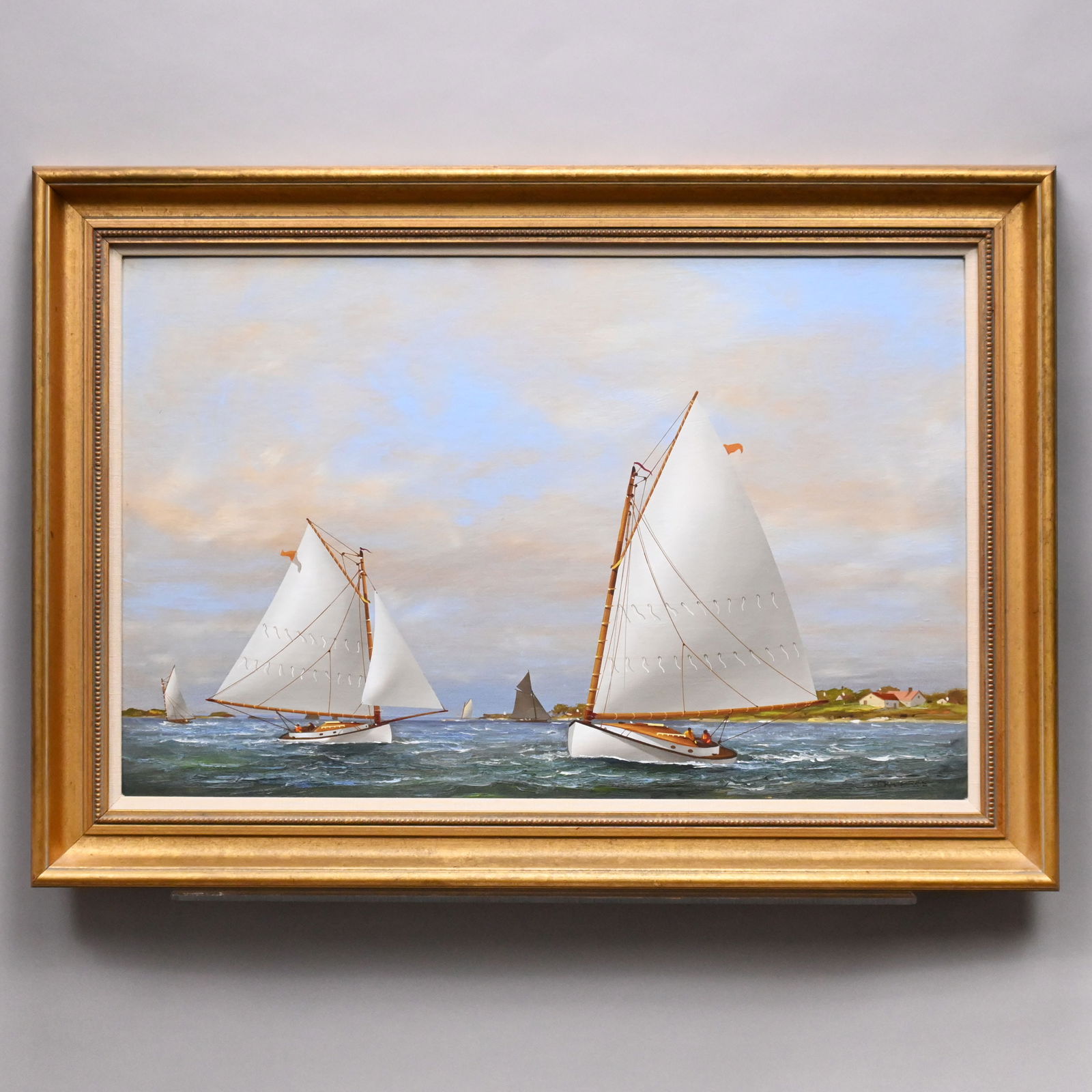 Vernon Broe - Two Sailboats off a Coast: Vernon Broe (American, 1930 - 2011). Two Sailboats off a Coast. Oil on board, signed "Vernon Broe" lower right, (18 x 28 inches). Frame: H: 23.33 in., W: 33.25 in., D: 2 in.