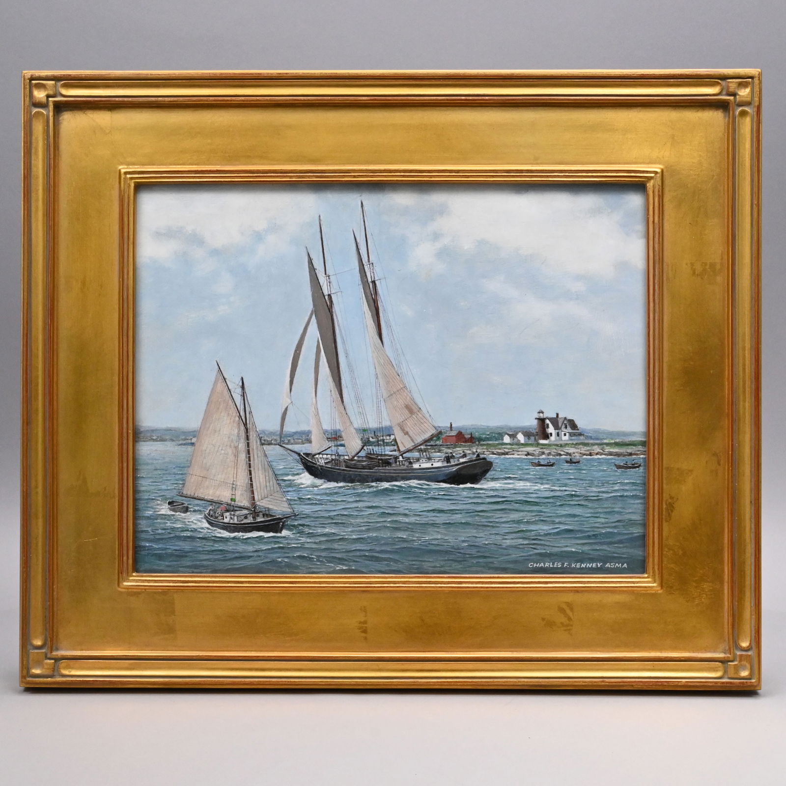 Charles F. Kenney - Fishing Schooner "Matchless": Charles F. Kenney (American, 1919 - 2014). Fishing Schooner "Matchless" Entering Gloucester Harbor. Oil on board, signed "Charles F. Kenney ASMA" lower right, (11 x 14 inches), reverse with label for