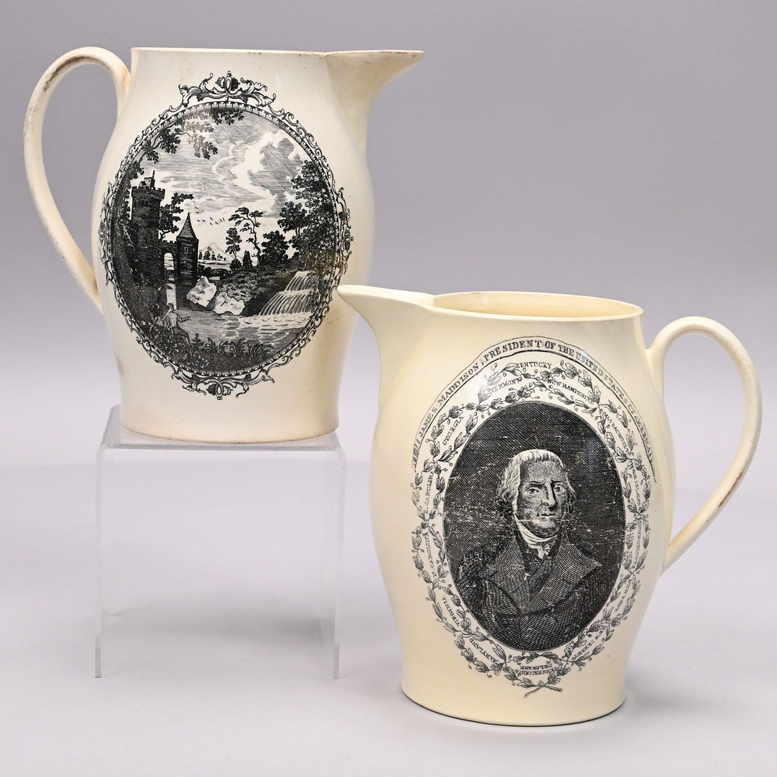 Two English Creamware Black Transfer-Printed Jugs: Two English Creamware Black Transfer-Printed Jugs, The first, 1809-1817, printed on one side with an oval bust portrait of "JAMES MADDISON PRESIDENT OF THE UNITED STATES OF AMERICA" within a chain