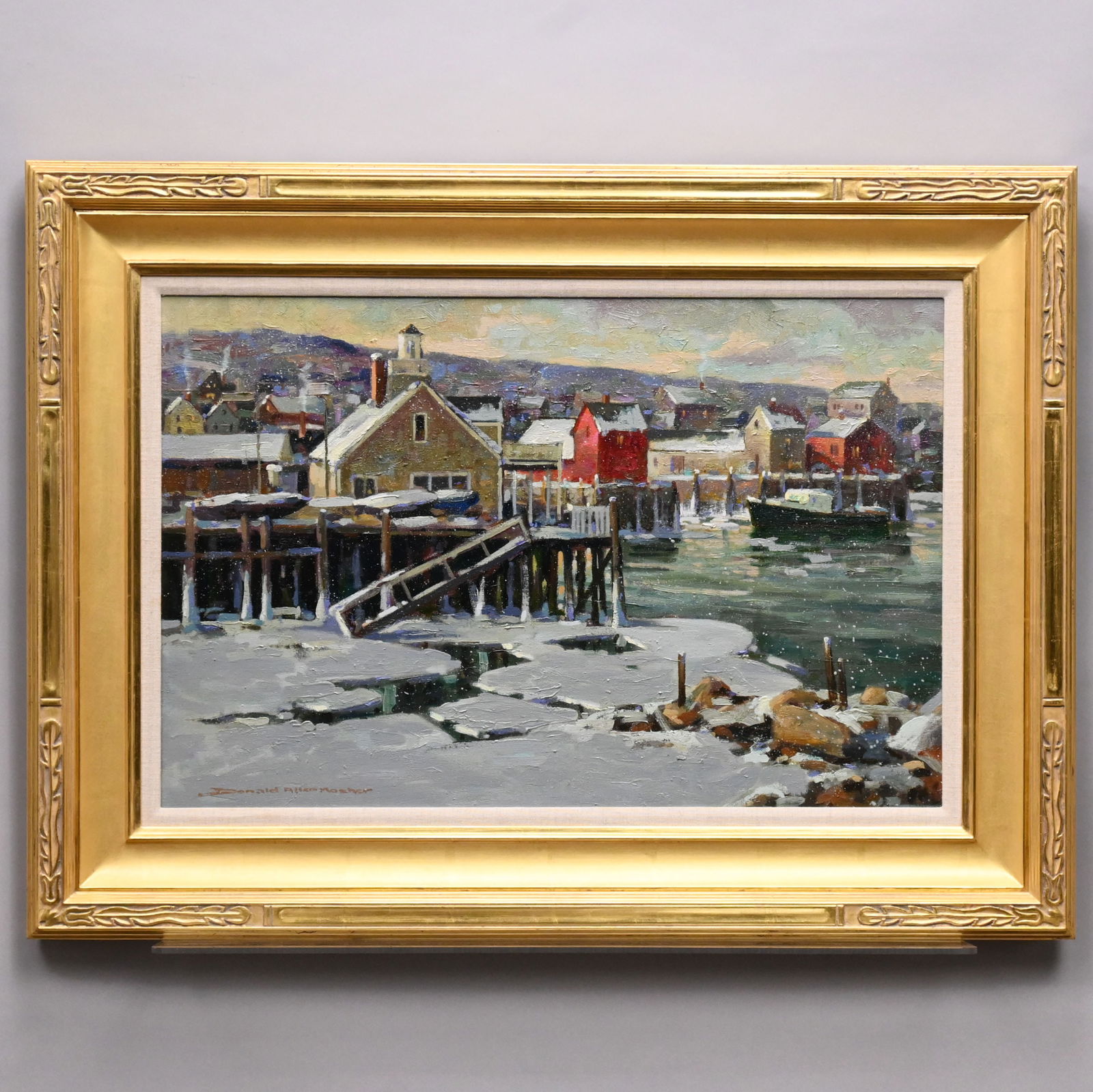 Donald Allen Mosher - Rockport Harbor in Winter: Donald Allen Mosher (American, 1945 - 2014). Rockport Harbor in Winter. Oil on canvas, signed "Donald Allen Mosher" lower left, (16 x 24 inches).Frame: H: 23.25 in., W: 37.25 in., D: 1.5 in.