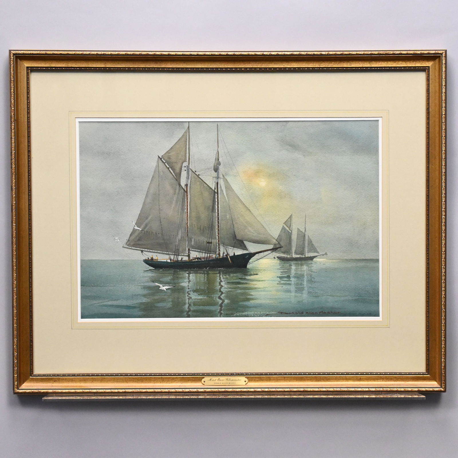 Donald Allen Mosher - "Mist Over Gloucester": Donald Allen Mosher (American, 1945 - 2014). "Mist Over Gloucester." Watercolor on paper, signed "Donald Allen Mosher" lower right, (12.5 x 19.5 inches, sight).Frame: H: 22 in., W: 28 in., D: 1 in.