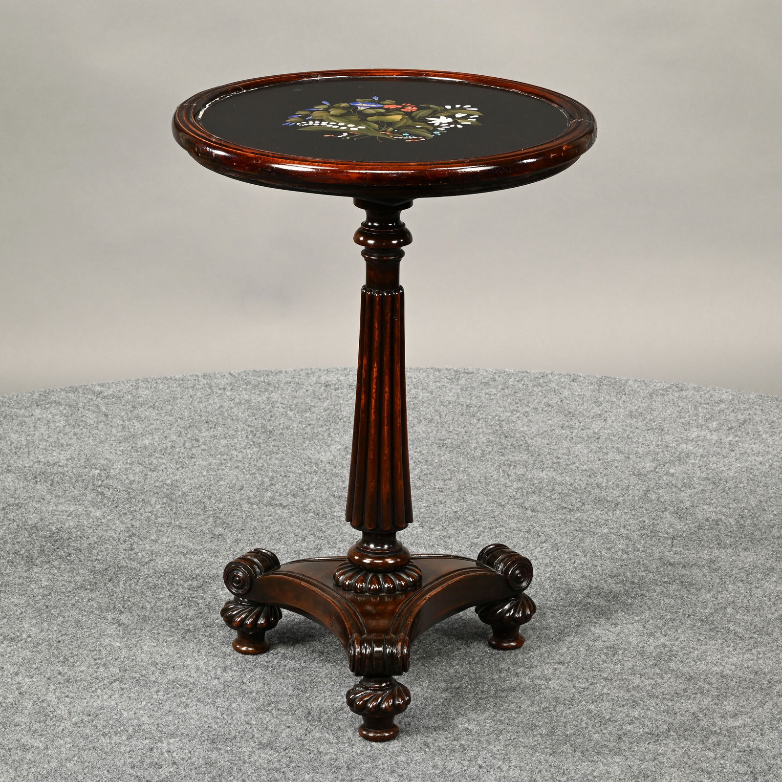 William IV Carved Walnut and Pietra Dura Stand: William IV Carved Walnut and Pietra Dura Stand. The inset round Pietra Dura Top depicting a floral bouquet including lily of the valley and morning glory, raised on a tapered turned and receded tripod