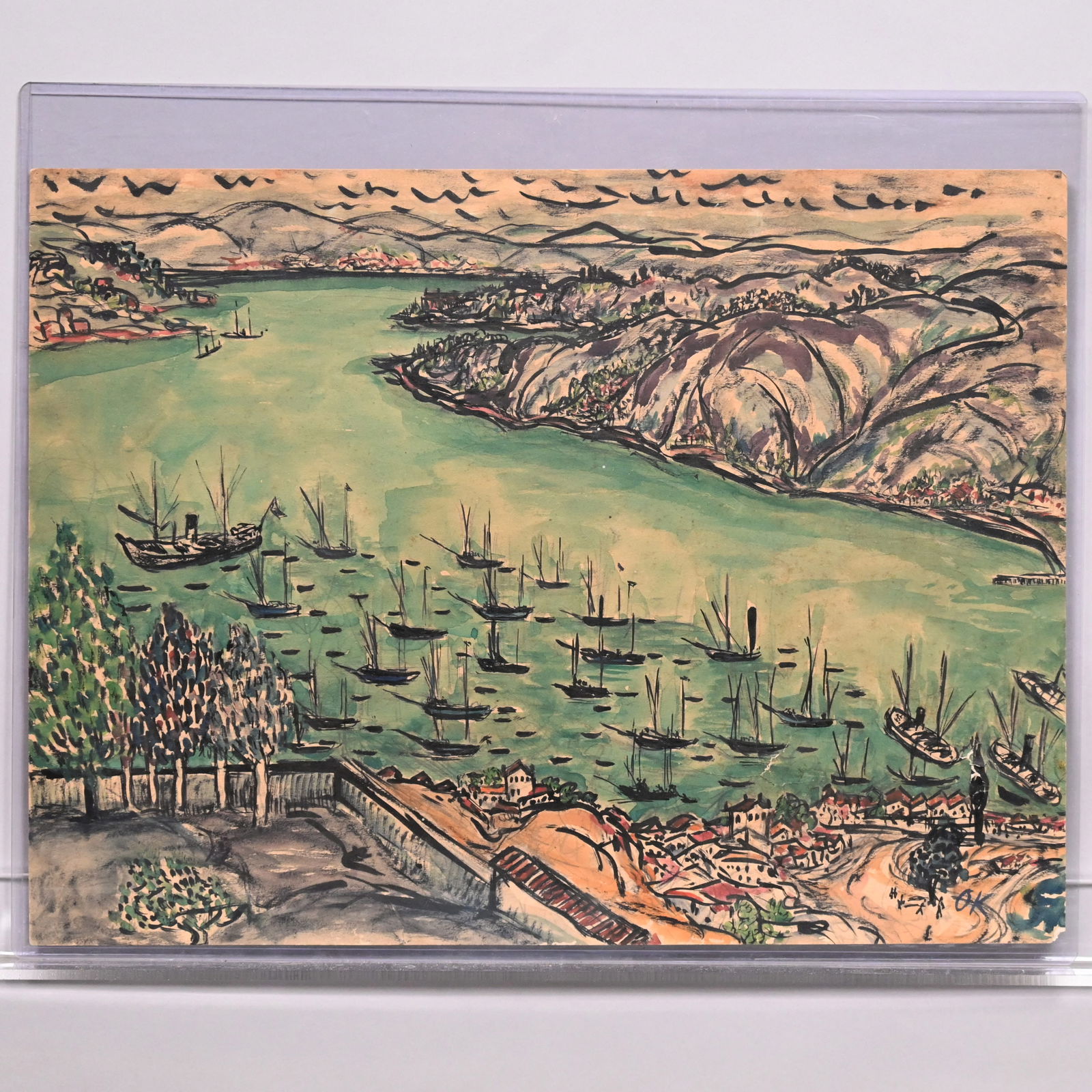 Oskar Kokoschka-"Harbor View with Ships at Anchor": Oskar Kokoschka (Austrian, 1886-1980). "Harbor View with Ships at Anchor." Watercolor on paper, initialed "OK" lower right, (14.5 x 19.5 inches, sight).UnframedPatrick Roberts (1950-2021) was a