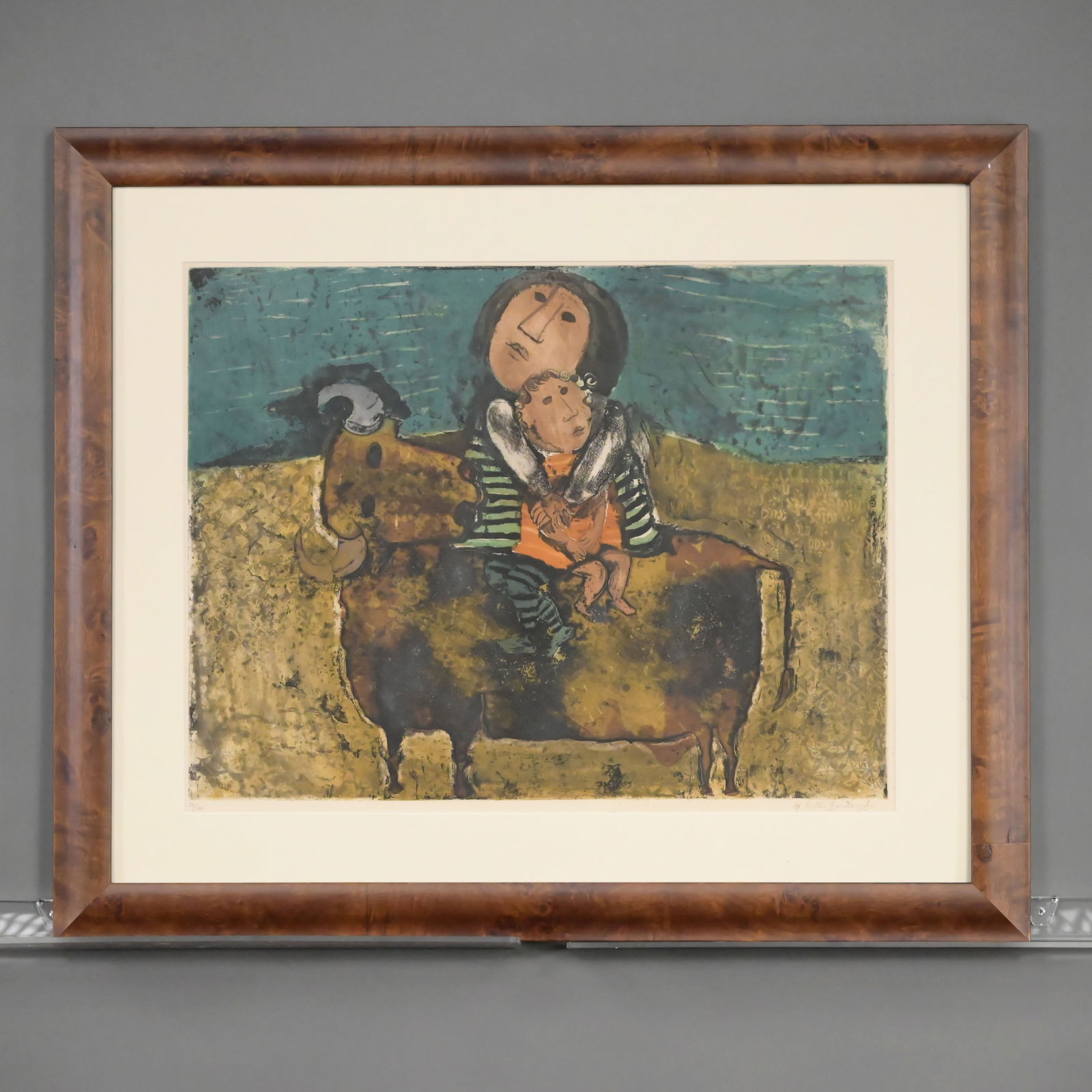 Graciela Rodo Boulanger - Mother and Child on Bull: Graciela Rodo Boulanger (Bolivian, b. 1935). Mother and Child on a Bull, 1960. Aquatint etching on paper, (sheet size 19.75 x 25.5 inches, sight), signed "G. Rodo Boulanger" in pencil, lower right