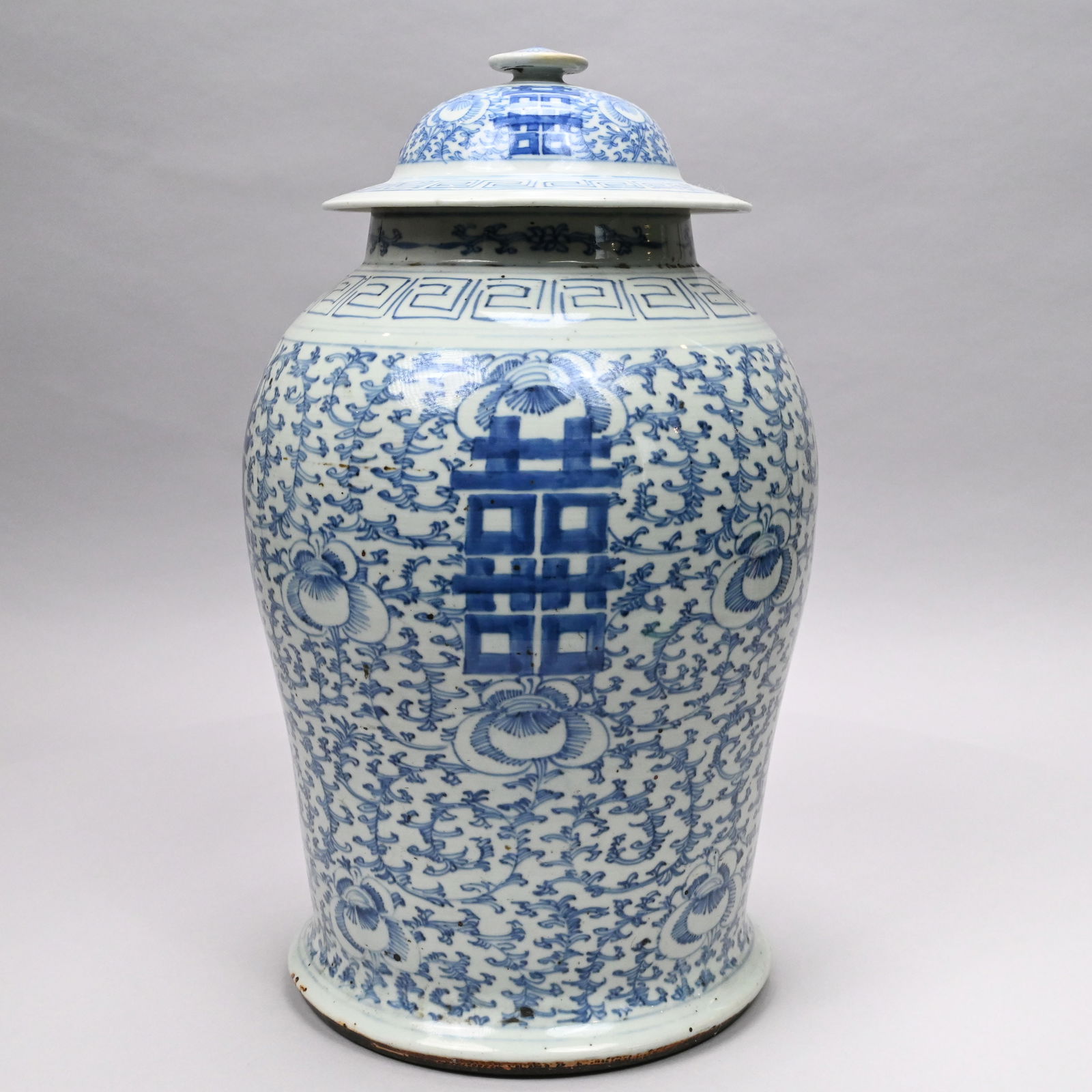 Chinese Blue & White Porcelain Temple Jar & Cover: Chinese Blue and White Porcelain Temple Jar and Cover, Probably Guangxu Period, 1875-1908. Of high shouldered form, the dome cover with flat finial, painted in underglaze-blue overall with four