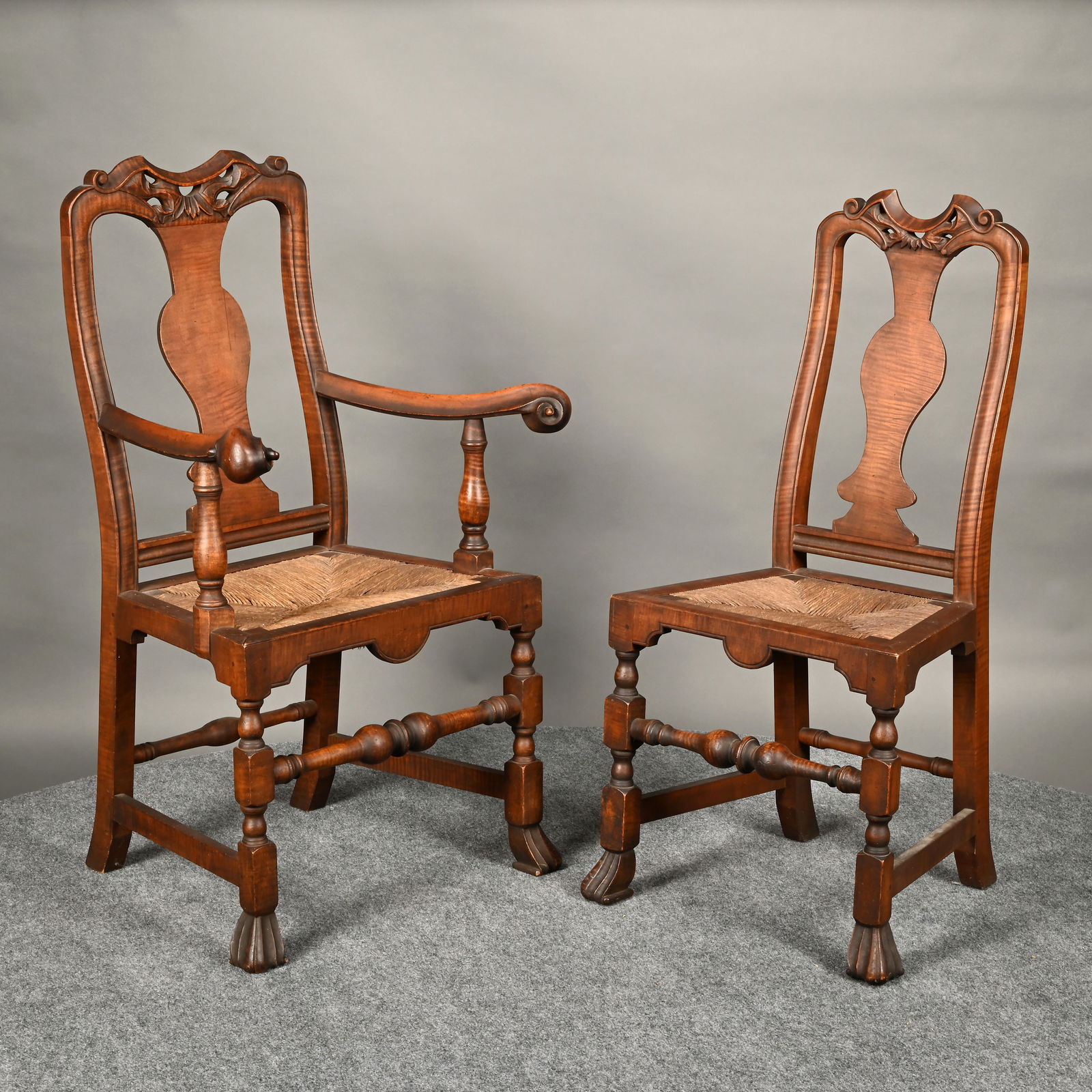 Custom Armchair & Side Chair after John Gaines III: Custom Queen Anne Style Maple Arm & Side Chair after John Gaines III, Portsmouth, New Hampshire by Thomas P. Hand of Rye, New Hampshire. Each with pierced carved yoke-form crest rail with leaf and