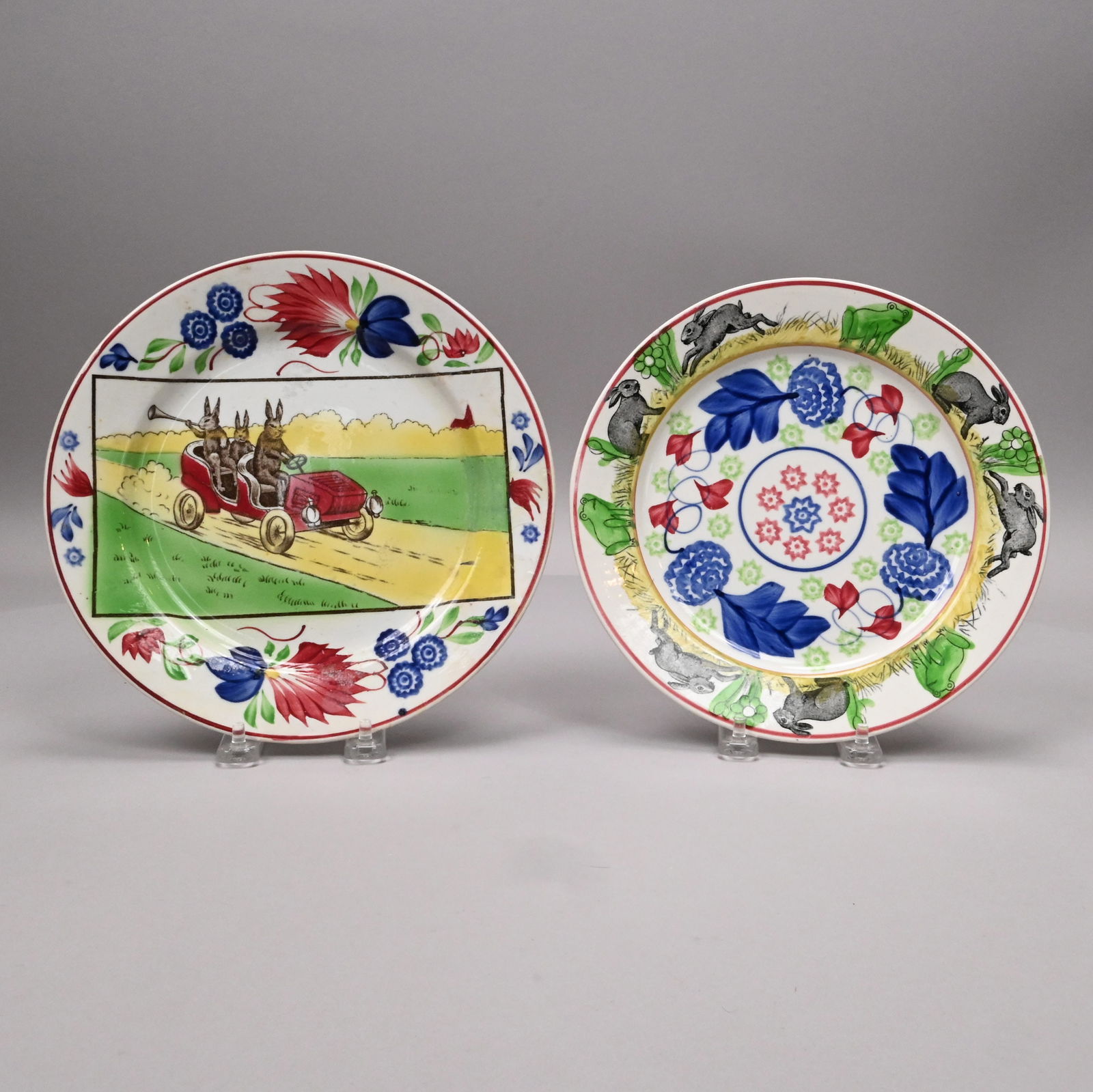 English Transfer-Printed & Stick Sponge Rabbitware: Two English Ironstone Transfer-Printed, Stick Sponged and Painted Rabbitware Plates. The first a 'Bull's-eye' variant 9-inch plate, 1860-1905, stick sponged in the center with a roundel of