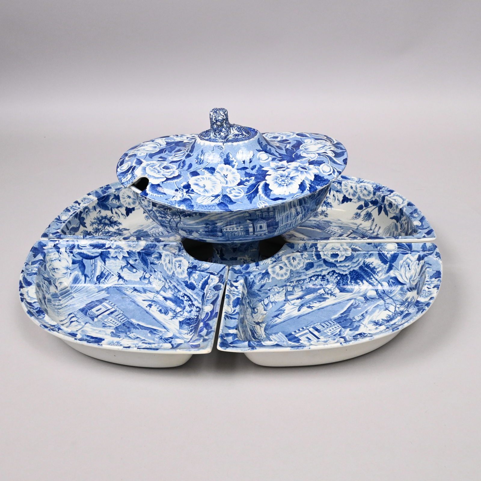 Russian Palace, Staffordshire Pearlware Supper Set: "Russian Palace," Staffordshire Pearlware Blue Transfer-Printed Supper Set, Maker Unknown, 1810-1830. Comprising a boat-shaped tureen and cover and four open sections, each printed with a view of a Ru