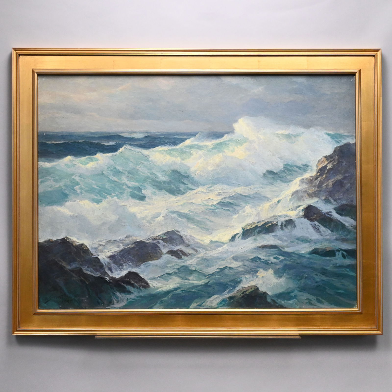 Howard Smith - Seascape with Crashing Waves: Howard Smith (American, 1877 - 1954). Seascape with Crashing Waves. Oil on canvas, (28 x 38 inches), signed and dated "H. Smith/ 1947" lower left.Frame: H: 34.25 in., W: 44 in., D: 1 in.