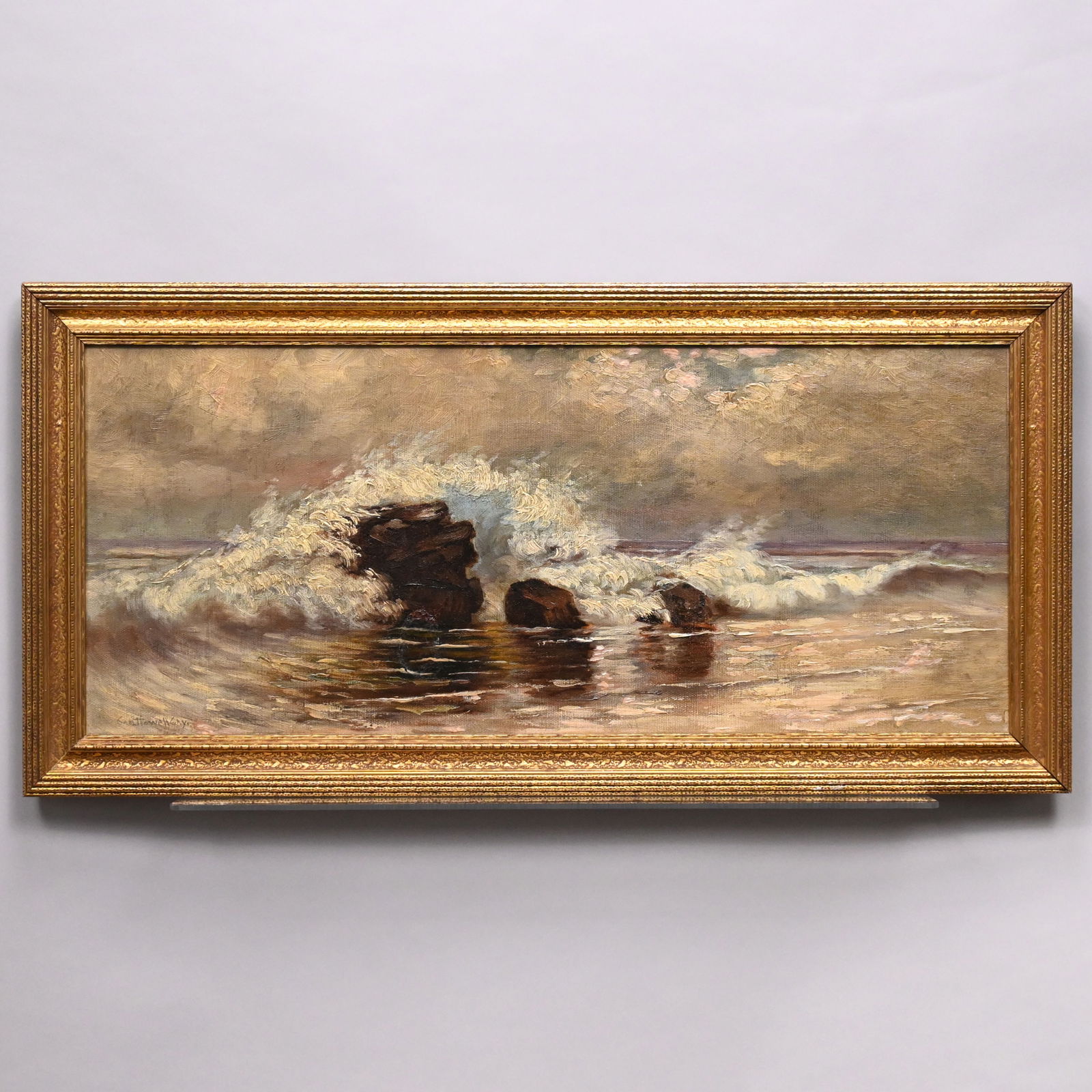 George Howell Gay - Seascape with Crashing Waves: George Howell Gay (American, 1858 - 1931). Seascape with Crashing Waves. Oil on canvas, signed "Geo. Howell Gay" lower left, (13 x 30 inches).Frame: H: 16.5 in., W: 33.5 in., D: 1.5 in.