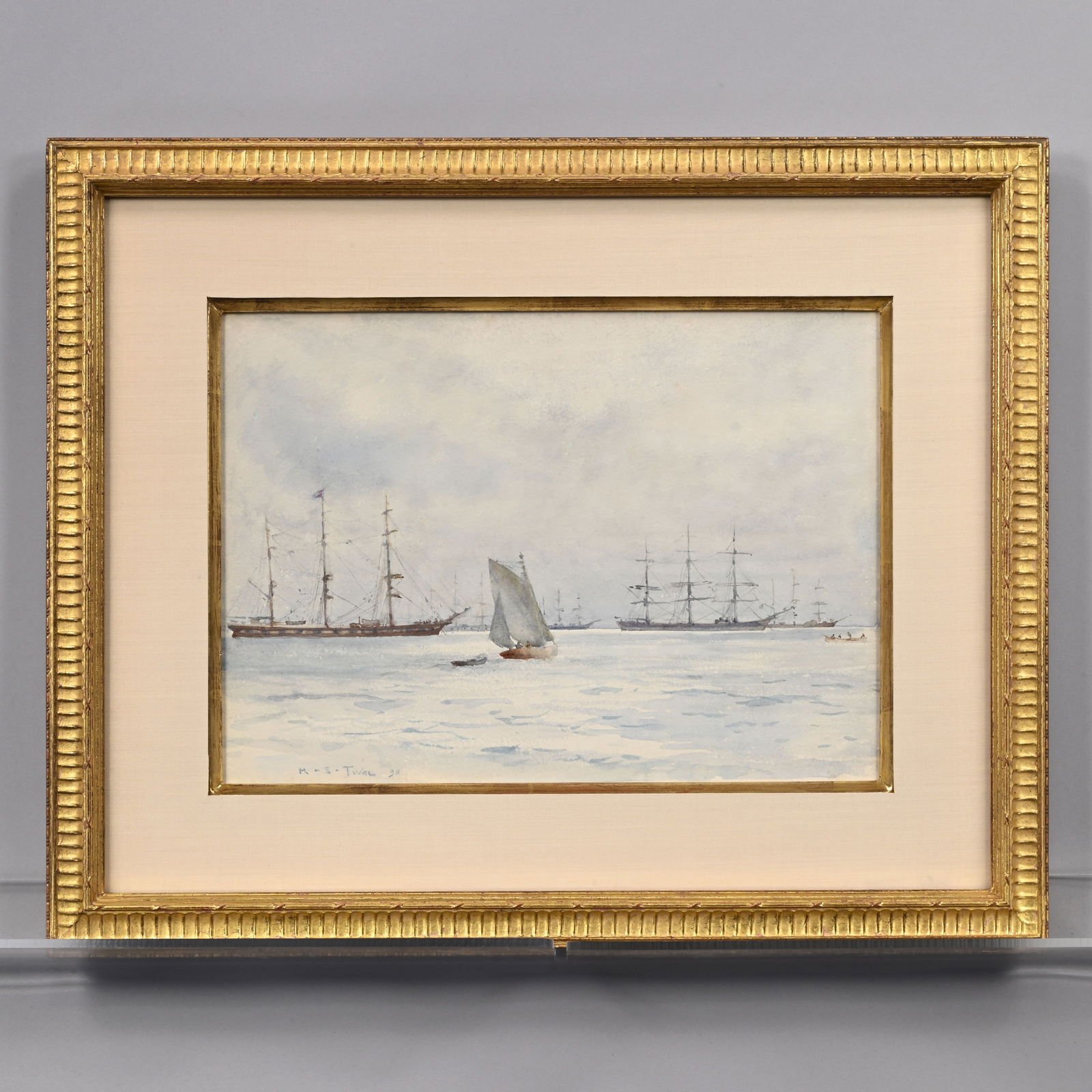 Henry Scott Tuke - Ships at Anchor in a Harbor: Henry Scott Tuke (British, 1858 - 1929). Ships at Anchor in a Harbor. Watercolor on paper, signed and dated "H.S. Tuke '98" lower left, (9.75 x 13.5 inches, sight).Frame: H: 16.75 in., W: 20.5 in.,