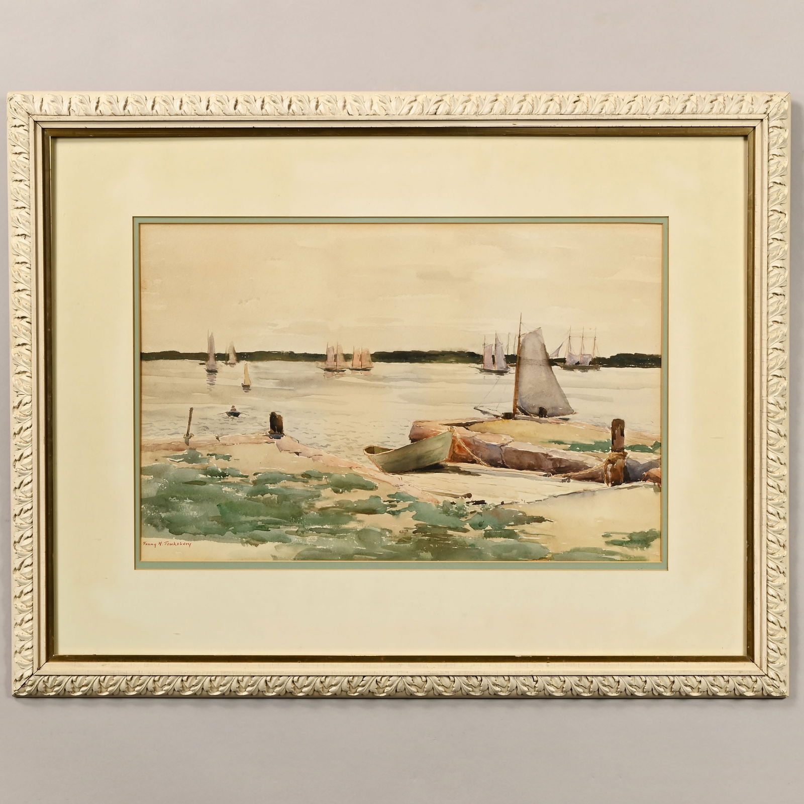 Fanny Wallace Tewksbury - Boat Launch: Fanny Wallace Tewksbury (1852, Boston, Massachusetts - 1934). Boat Launch. Watercolor on paper, signed "Fanny W. Tewksbury" lower left, (13.125 x 20.25 inches, sight), affixed on the reverse with a