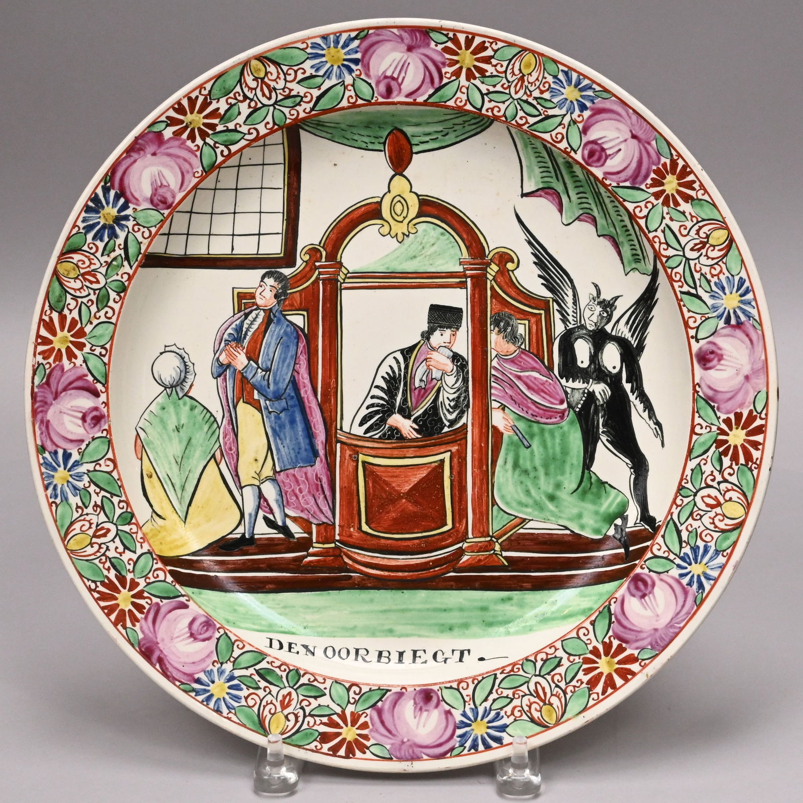 English Creamware Enamel-Decorated Charger: English Creamware Enamel-Decorated Charger, Sewell & Donkin, Newcastle-on-Tyne, Circa 1780. Painted in iron-red, green, blue, rose, yellow and black enamels with a view of "DEN OORBIEGT," impressed