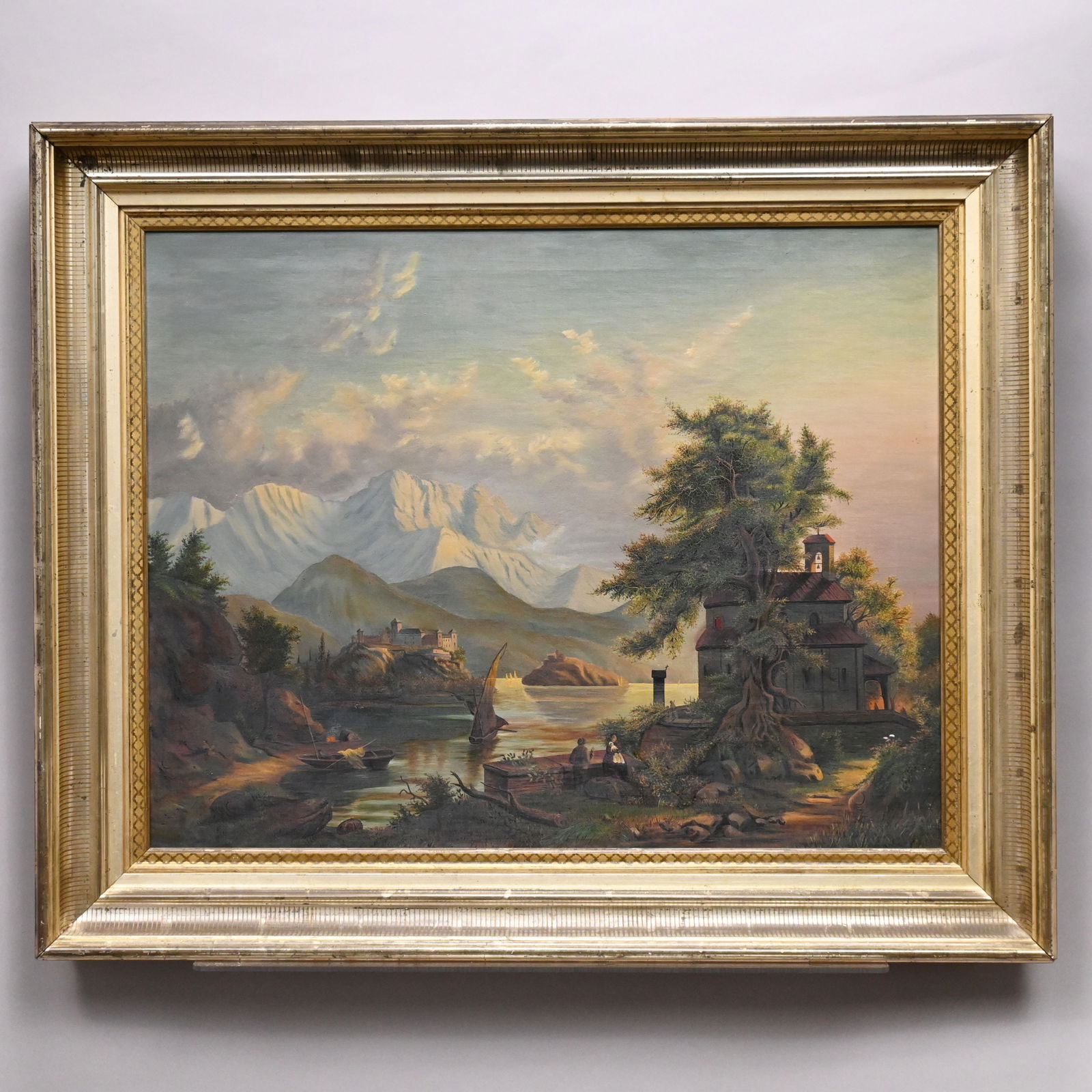 British or Continental School - Alpine View: British or Continental School. Alpine View, 19th Century. Oil on canvas, unsigned, (23 x 29 inches); housed in a lemon gold frame.Frame: H: 29.375 in., W: 35.25 in., D: 3.25 in.