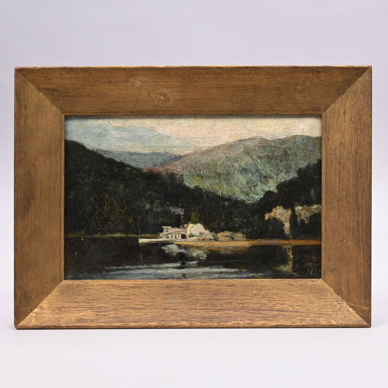 American School - Sidewheel Paddle Steamer: American School. Portrait of a Sidewheel Paddle Steamer, 19th Century. Oil on canvas, signed with the initials "WM" into an oval lower right, (5.25 x 8.375 inches).Frame: H: 7.875 in., W: 10.75 in.,