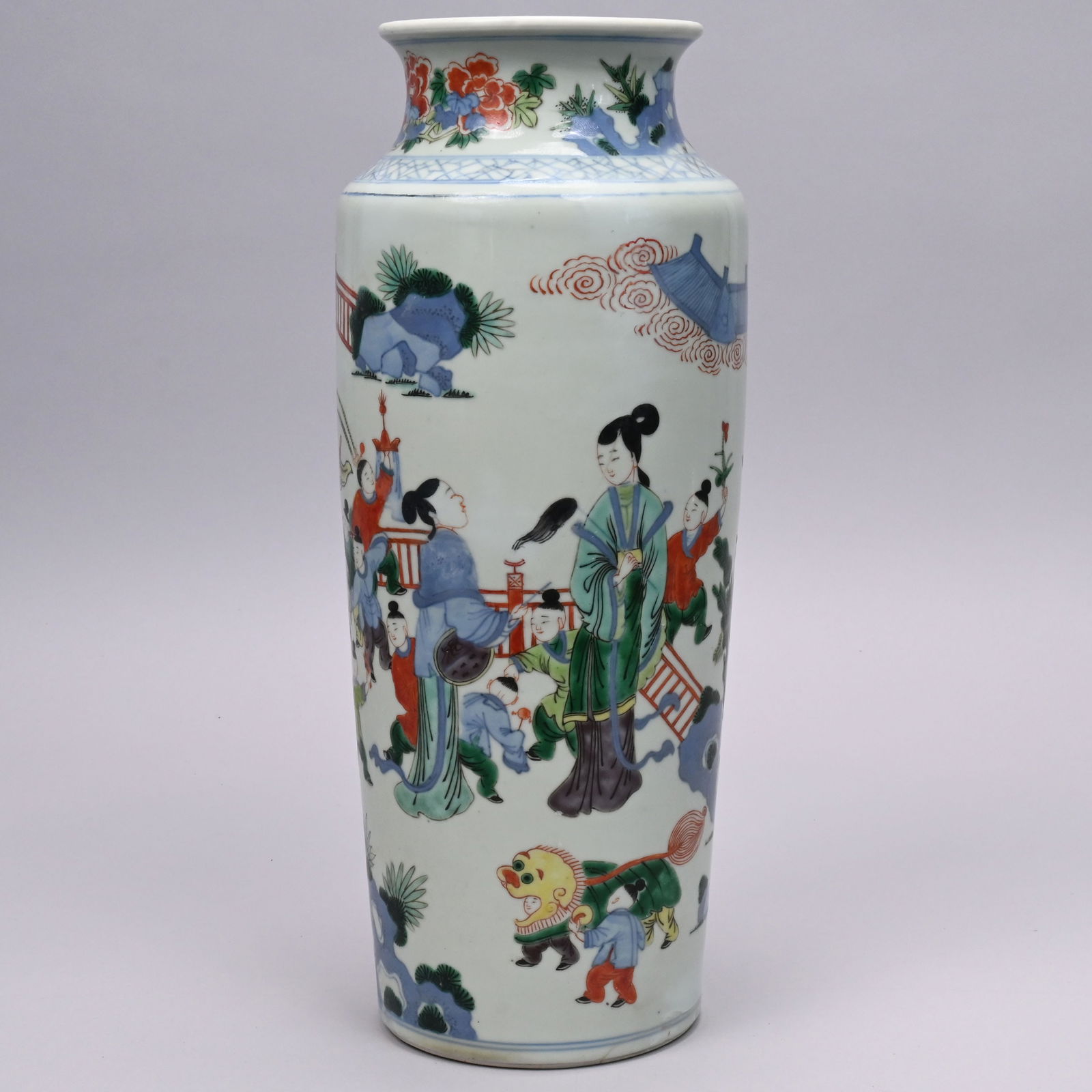 Chinese Export Porcelain Famille Verte Vase: Chinese Export Porcelain Famille Verte Vase, Late 19th Century. Of tapered cylindrical form, painted with a continuous view of mothers observing their children at play, a large curious rock and