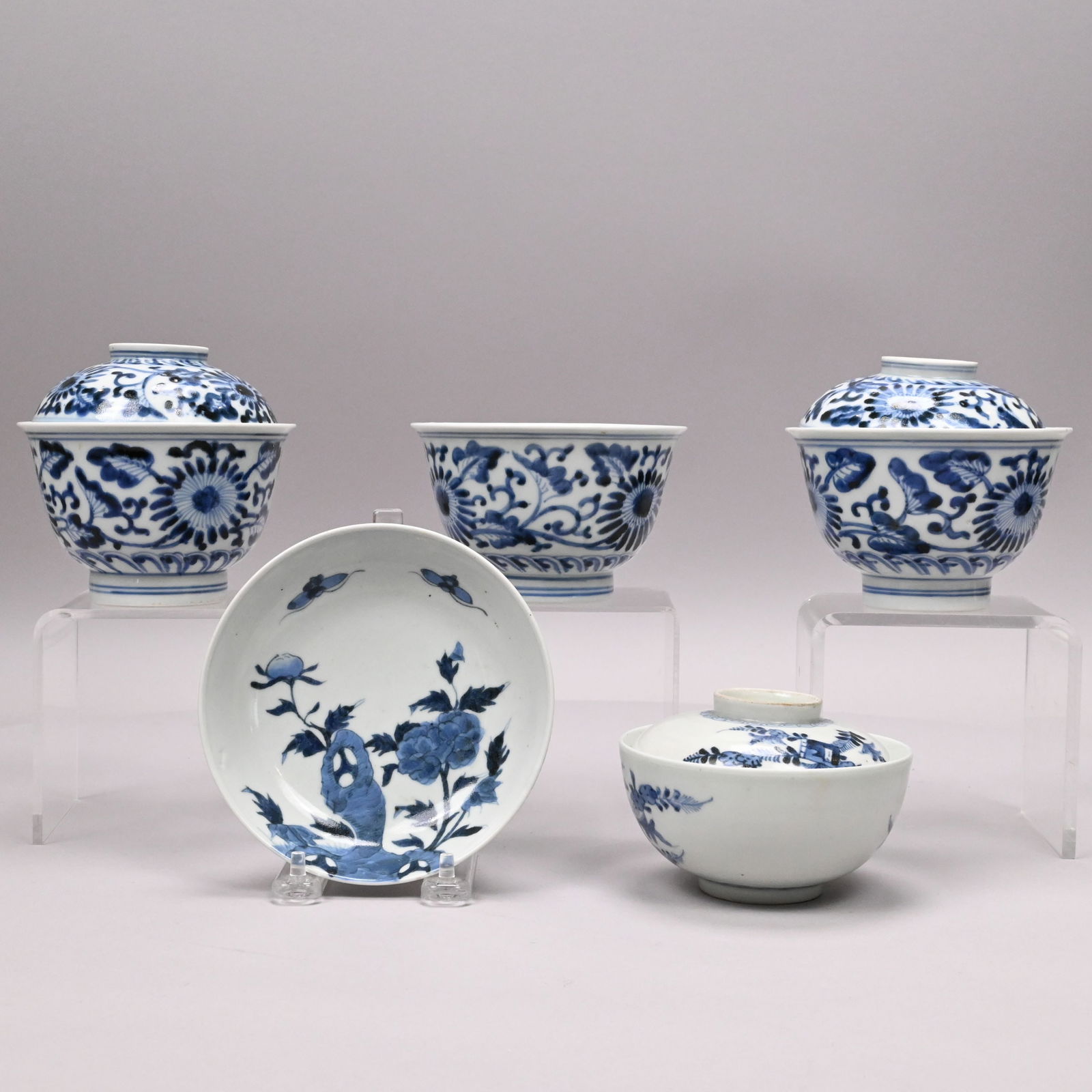 Three Chinese Bowls & Two Lids, Bowl & Lid & Bowl: Three Similar Chinese Blue and White Porcelain Bowls and Two Covers, a Japanese Sometsuke Bowl and Cover, and a Japanese Nabeshima-Type Bowl. Each of the three bowls or cups and covers painted in