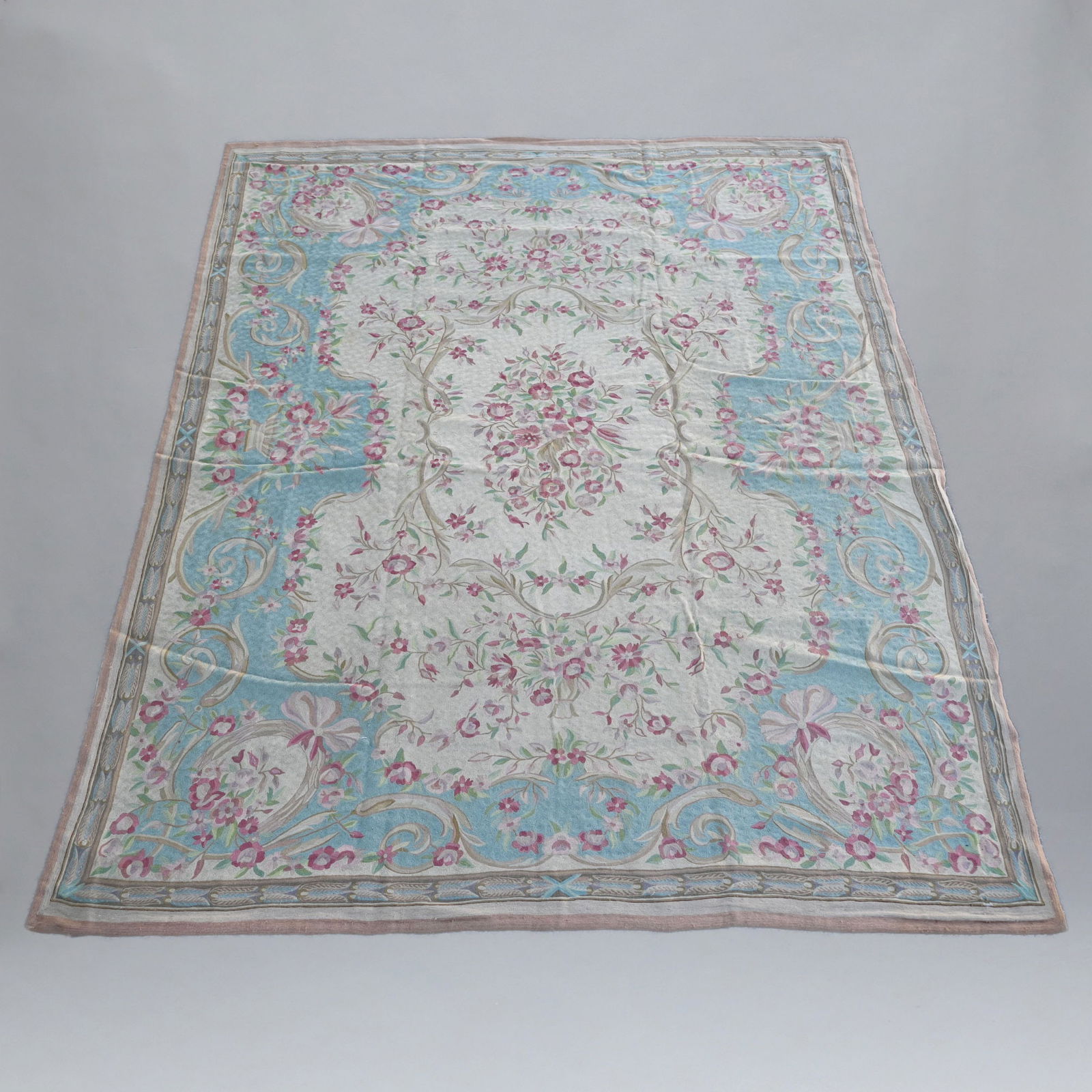 Powder Blue & Ivory Room-Size Aubusson Carpet: Powder Blue & Ivory Room-Size Aubusson Carpet8' 11" x 11' 9"